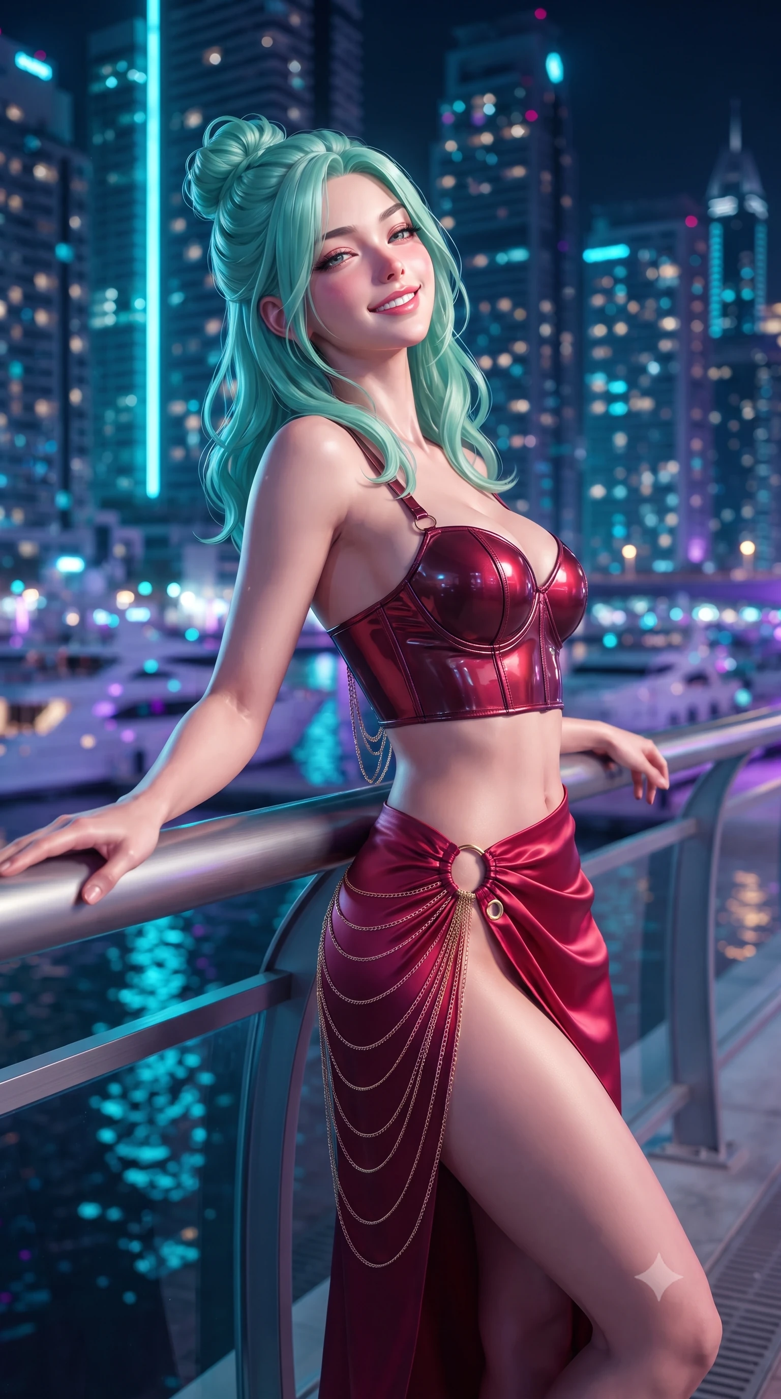 score_9, masterpiece, best quality, ultra-detailed, high-budget anime keyframe, editorial fashion photography, tasteful artistic composition, Japanese woman. close-up cowboy shot from the waist and thighs up, the character dominates the composition, filling the frame with her large presence. leaning back against the balustrade with relaxed seductive grace, head tilted back slightly while casting a hypnotic, heavy-lidded gaze while resting one hand on the sleek bridge railing while turning in an alluring contrapposto stance, her smoldering bedroom-eyes holding the camera. The background shows a soft-focus colossal glass skyscrapers soaring hundreds of meters into the night sky, neon-lit luxury mega-yachts, and glowing canal waters blurred into cyan, violet, and gold bokeh. She has an exceptionally elegant, slender, and willowy female figure with an ultra-slim waist, flat toned midriff, narrow ribcage, and sculpted feminine hips creating an alluring, slim hourglass silhouette without bulk. sharp v-shaped jawline, high-bridge nose, intricate jewel-like sparkling eyes with depth, thick eyelashes, glossy parted lips with a natural peach sheen, bright cheerful beaming smile with an enchanting and coquettish sensual glint, exuding both youthful cute charm and seductive allure, flawlessly proportioned anatomical accuracy, strict slender model proportions, natural body alignment, perfectly sculpted long slender limbs, ultra-slim waistline, clean dynamic posture without body distortion. wearing a sculpted leatherette underwire bustier paired with a high-slit silk satin wrap skirt with gold ring hardware in rich ruby crimson and dark brushed titanium, crafted from high-tensile reflective patent leather with sleek specular highlights, accented with an open-back drape framed by falling strands of delicate gold chains, the liquid-tight tailored fabric clinging flawlessly to her narrow waist and rounded feminine hips, emphasizing every millimeter of her sculpted slim hourglass curves without any bulky heaviness. bathed in intense saturated cyan, magenta, and gold neon architectural facade lighting reflecting in dark marina water. ultra-reflective glossy finish, specular highlights, rich textural contrasts, high-contrast stereoscopic depth, volumetric dynamic lighting, 2k, ultra detail, master piece, 9:16 ratio