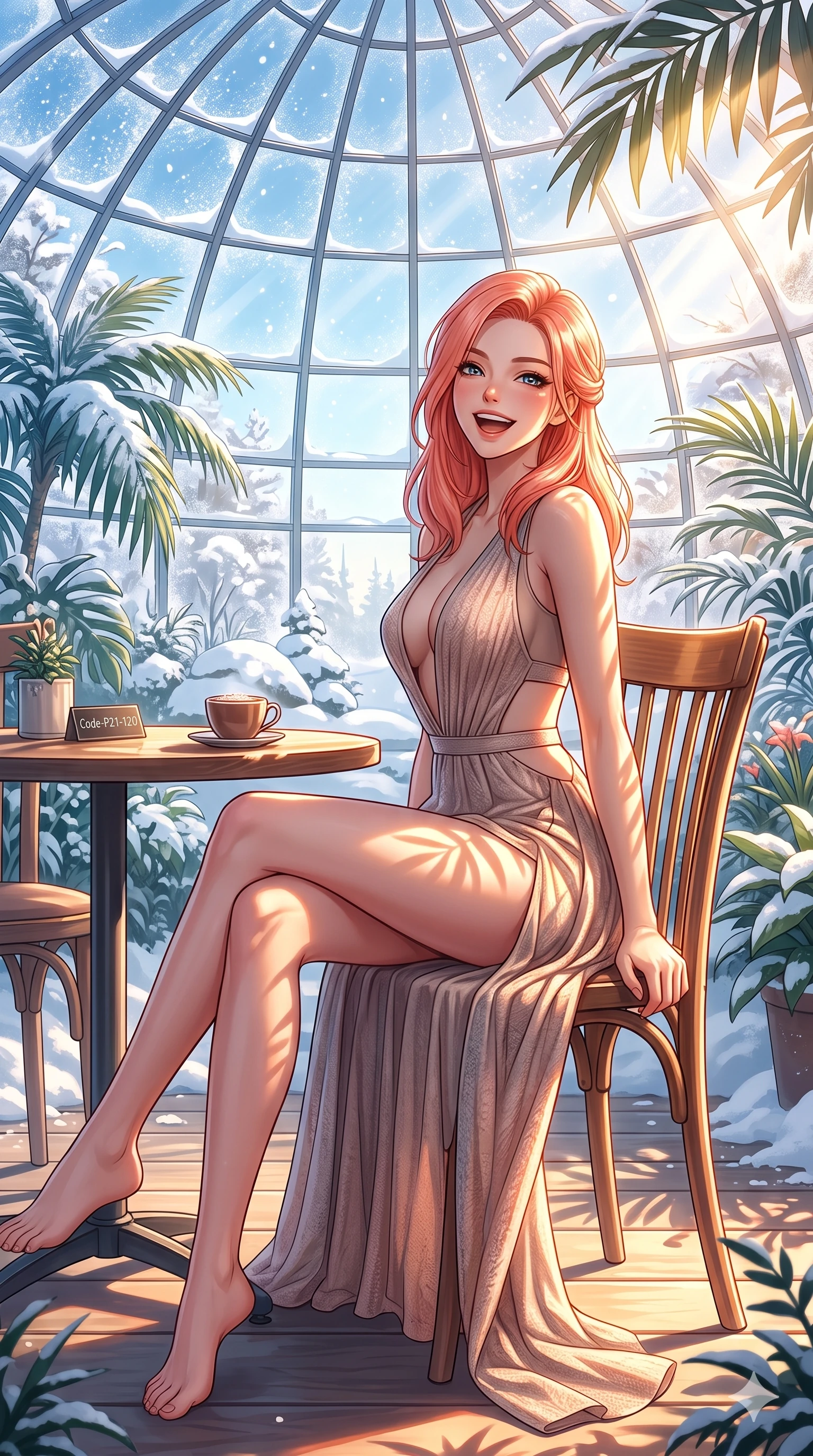 score_9, masterpiece, best quality, ultra-detailed, high-budget anime keyframe, vibrant anime aesthetic, Japanese woman. cowboy shot from the thighs up, character and outfit filling the frame for maximum presence. She is sitting on a cafe terrace, looking over her shoulder with a cheerful winter laugh standing in a botanical sanctuary under glass dome in snow (Code-P21-120). She has an absolutely perfect 8-heads proportion, an exceptionally tall and slender female figure with impossibly long slender legs and an ultra-slim waist. V-shaped jawline, high-bridge nose, intricate jewel-like eyes with depth, thick eyelashes, glossy lips with a natural sheen. wearing a high-slit resort dress with plunging neck and side cutouts in winter. She is drenched in brilliant morning winter sunshine, casting long warm highlights and leaf patterns. 2k, ultra detail, master piece, 9:16 ratio