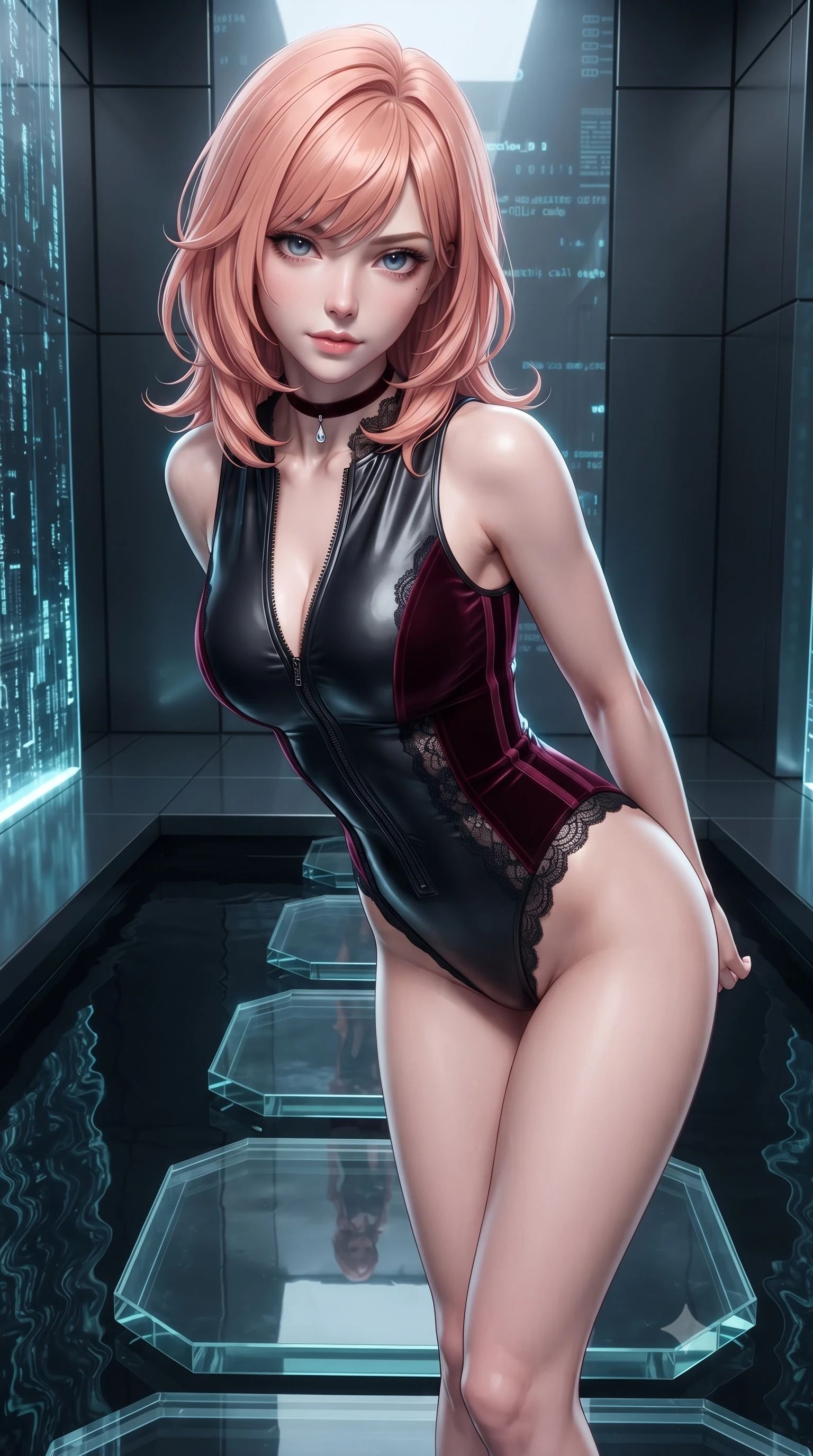 score_9, masterpiece, best quality, ultra-detailed, high-budget anime keyframe, editorial fashion photography, tasteful artistic composition, Japanese woman. close-up cowboy shot from the waist and thighs up, the character dominates the composition, filling the frame with her large presence. leaning forward while arching her lower back to accentuate her curvy hips, looking into the camera with an intoxicating smoldering gaze and bedroom-eyes while standing poised on the transparent glass stepping stones above the dark reflecting basin, arching her back with breathtaking sci-fi elegance. The surrounding environment is rendered in vivid detail and crisp panoramic clarity: sharp holographic waterfall code particle edges, glass stepping stone beveled corners, and black titanium wall seams in deep focus. She has an exceptionally elegant, slender, and willowy female figure with an ultra-slim waist, flat toned midriff, narrow ribcage, and sculpted feminine hips creating an alluring, slim hourglass silhouette without bulk. sharp v-shaped jawline, high-bridge nose, sparkling eyes with hypnotic seductive depth, thick curled eyelashes, glossy parted lips with a natural dewy peach sheen, alluring bedroom-eyes with an enchanting coquettish smile, exuding magnetic siren charisma and sophisticated glamour, flawlessly proportioned anatomical accuracy, strict slender model proportions, natural body alignment, perfectly sculpted long slender limbs, ultra-slim waistline, clean dynamic posture without body distortion. wearing a form-contouring wet-look neoprene zip-front maillot with high-cut leg openings and racing side stripes in deep bordeaux velvet and delicate black chantilly, tailored from ultra-plush velvet with rich tactile depth and deep shadow gradients, finished with a thin velvet ribbon choker and a single teardrop diamond pendant, the glove-like clinging cut tightly following the natural contour of her hips and long slender legs with youthful 8.5-heads elegance. illuminated by basin water specular reflections and sharp electric-cyan rim lights defining her delicate clavicles, narrow waist, and curvy hips. ultra-reflective glossy finish, specular highlights, rich textural contrasts, high-contrast stereoscopic depth, volumetric dynamic lighting, 2k, ultra detail, master piece, 9:16 ratio