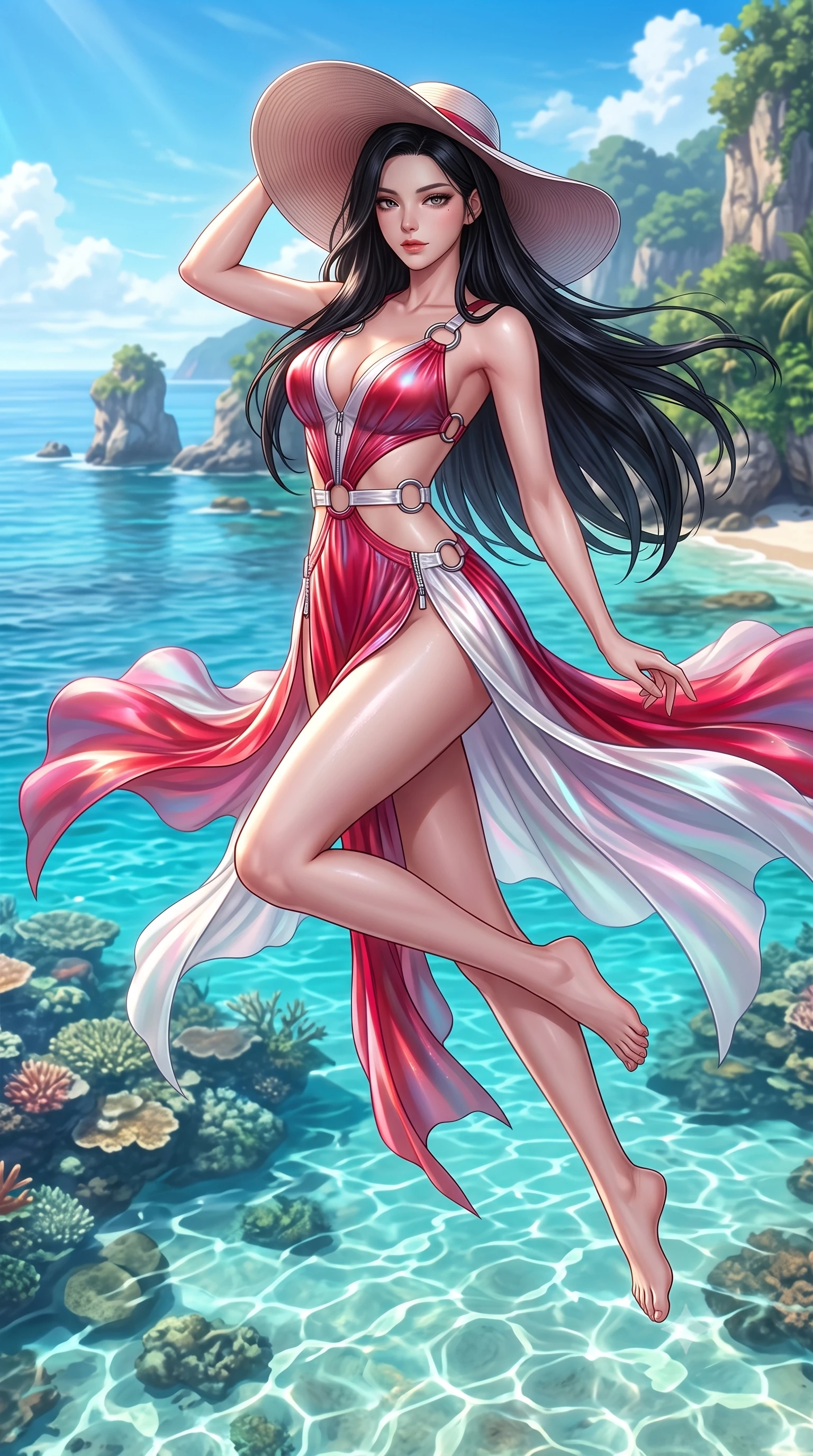 score_9, masterpiece, best quality, ultra-detailed, high-budget anime keyframe, semi-realistic 3D game render, editorial fashion photography, tasteful artistic composition, Korean woman. low angle full-body shot from head to toe showing her feet, filling the entire 9:16 vertical frame with her statuesque presence, stretching her vertical silhouette. leaping through mid-air with an athletic yet alluring arch of her spine, her impossibly long slender legs stretched in flawless poise while holding her sunhat lightly against a warm tropical ocean breeze while gazing into the camera with bedroom eyes. The surrounding environment is rendered in vivid detail and crisp panoramic clarity. glistening water refractions and scenic coastal landscapes captured with environmental precision. She has an absolutely perfect, statuesque 8.5-heads proportion, an exceptionally tall and slender model-like female figure with impossibly long slender legs, a toned flat midriff, and an ultra-slim waist. sharp v-shaped jawline, high-bridge nose, intricate jewel-like eyes with depth, thick eyelashes, glossy lips with a natural sheen, flawlessly proportioned anatomical accuracy, strict slender model proportions, natural body alignment, perfectly sculpted long slender limbs, ultra-slim waistline, clean dynamic posture without body distortion. wearing a glossy white second-skin latex bodysuit with high-thigh cuts, exposed clavicle neckline, and gleaming zipper details in radiant crimson silk and crisp snow white, made of smooth iridescent silk chiffon that shifts colors with movement, detailed with polished silver rings connecting the daring side-waist cutouts, the precision-cut daring openings accentuating her delicate midriff, graceful bare collarbones, and ultra-slim feminine waistline. surrounded by a fresh, sun-soaked, and breathtakingly sensual tropical paradise ambiance. highly saturated vibrant anime colors, detailed shading with soft gradients, rich glossy textures, high-contrast stereoscopic depth, volumetric dynamic lighting, master piece, 9:16 ratio
