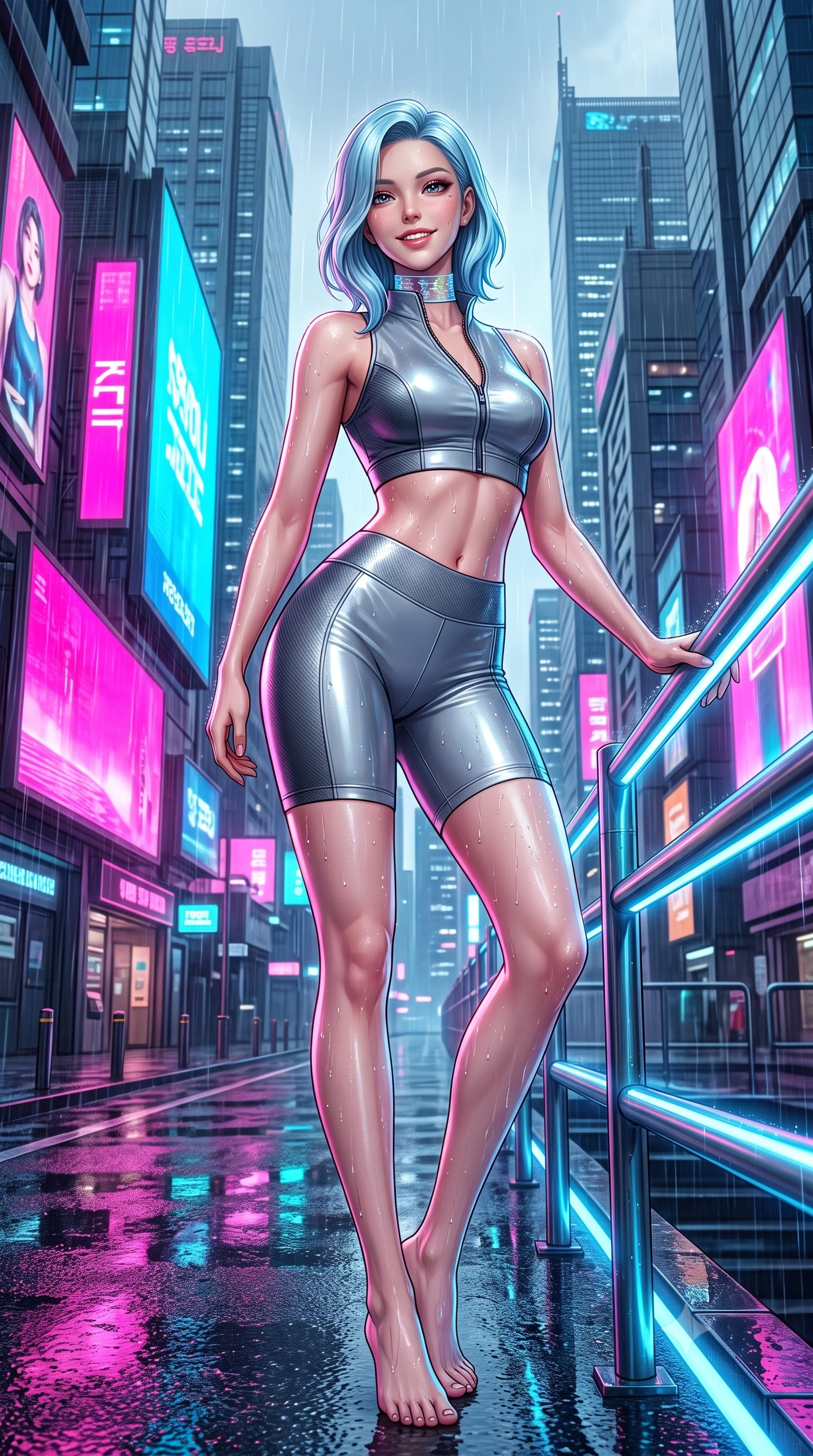 score_9, masterpiece, best quality, ultra-detailed, high-budget anime keyframe, semi-realistic 3D game render, editorial fashion photography, tasteful artistic composition, Korean woman. low angle full-body shot from head to toe showing her feet, filling the entire 9:16 vertical frame with her statuesque presence, stretching her vertical silhouette. standing in a tall, confident posture with one hand on a glowing metal railing, stretching her statuesque body as she arches her lower back to emphasize her sculpted feminine hips and slender waist while twisting her slender torso in an alluring S-curve as warm cyber-city rain glistens on her tight suit, highlighting her curvy hips and waist. The surrounding environment is rendered in vivid detail and crisp panoramic clarity: detailed wet-look suit texture, water droplet beads on skin, and futuristic Seoul skyline architecture in high resolution. She has an absolutely perfect, statuesque 8.5-heads proportion, an exceptionally tall and slender model-like female figure with impossibly long slender legs, an ultra-slim waist, a flat toned midriff, narrow delicate ribcage, and beautifully sculpted feminine hips creating a graceful, slim hourglass silhouette without any bulky heaviness. sharp v-shaped jawline, high-bridge nose, intricate jewel-like sparkling eyes with depth, thick eyelashes, glossy parted lips with a natural sheen, bright confident smile with an enchanting and coquettish sensual glint, exuding both youthful magnetic charm and sovereign high-tech allure, flawlessly proportioned anatomical accuracy, strict slender model proportions, natural body alignment, perfectly sculpted long slender limbs, ultra-slim waistline, clean dynamic posture without body distortion. wearing a sleek two-piece combat athletic set with a zip-front mock-neck crop top and contouring biker shorts hugging her curvy hips in reflective liquid mercury and matte phantom grey, crafted from lightweight aerodynamic matte carbon-fiber weave with structural stiffness, complemented by a high-tech holographic choker projecting miniature glyphs, the form-contouring cut accentuating her sculpted flat midriff, narrow delicate ribcage, and gracefully curvy hips with cybernetic supermodel precision. bathed in intense saturated magenta and electric cyan billboard reflections bouncing off wet asphalt. highly saturated vibrant anime colors, detailed shading with soft gradients, rich glossy textures, high-contrast stereoscopic depth, volumetric dynamic lighting, master piece, 9:16 ratio