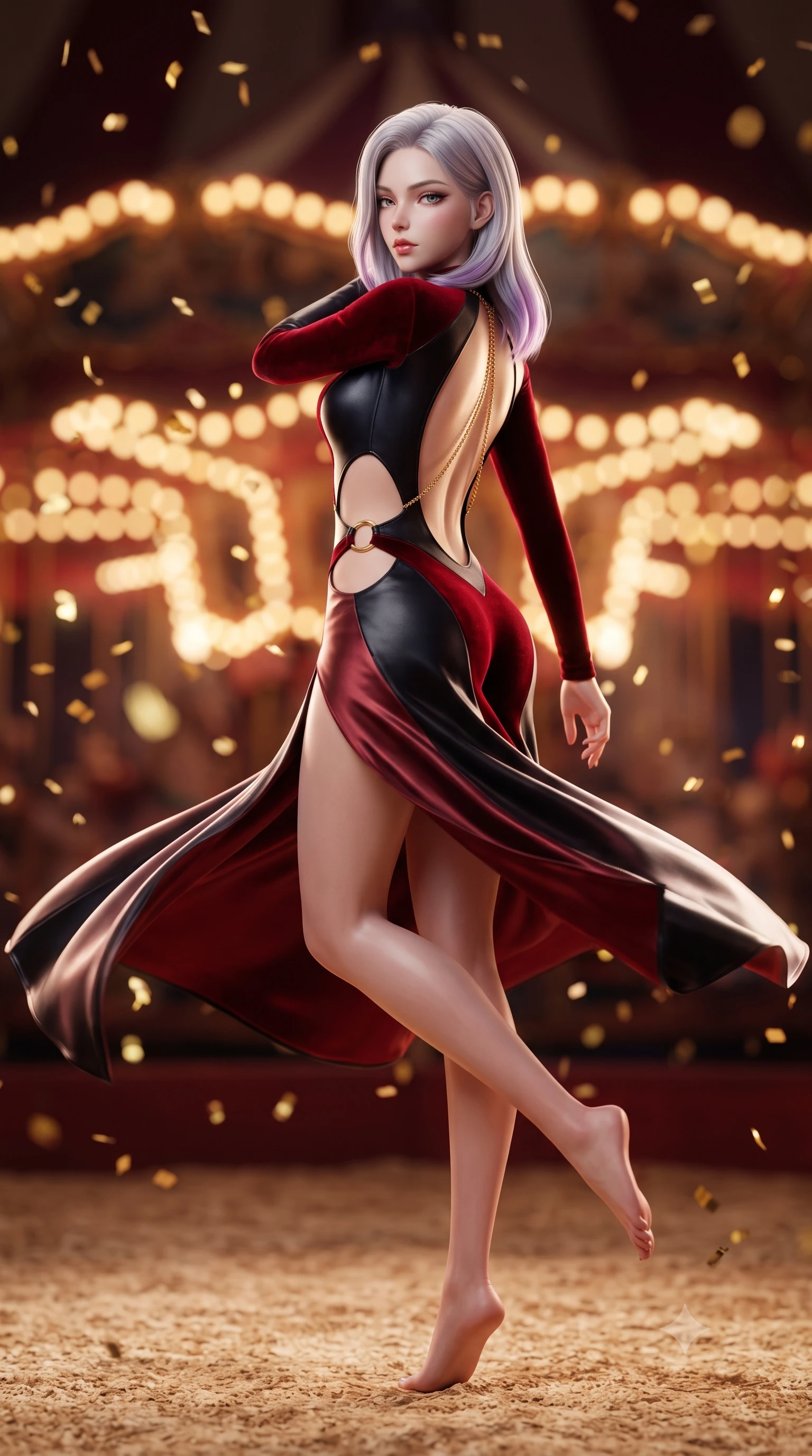 score_9, masterpiece, best quality, ultra-detailed, high-budget anime keyframe, semi-realistic 3D game render, editorial fashion photography, tasteful artistic composition, Caucasian woman. low angle full-body shot from head to toe showing her feet, filling the entire 9:16 vertical frame with her statuesque presence, stretching her vertical silhouette. executing an elegant mid-motion pivot turn as garments swirl around her slender limbs, glancing over her shoulder with an intoxicating bedroom-gaze while pivoting dynamically on the sawdust arena floor, her tailored garments fluttering to accentuate her statuesque hips and long slender legs. The composition keeps background elements in soft focus with creamy bokeh. swirling gold confetti and carousel bulb light strings blurred into rich amber, ruby-red, and champagne bokeh. She has an absolutely perfect, statuesque 8.5-heads proportion, an exceptionally tall and slender model-like female figure with impossibly long slender legs, a toned flat midriff, an ultra-slim waist, and beautifully sculpted feminine hips. sharp v-shaped jawline, high-bridge nose, intricate jewel-like eyes with depth, thick eyelashes, glossy parted lips with a natural sheen, intensely captivating and seductive bedroom-eyes expression, flawlessly proportioned anatomical accuracy, strict slender model proportions, natural body alignment, perfectly sculpted long slender limbs, ultra-slim waistline, clean dynamic posture without body distortion. wearing a second-skin black leather acrobatic bodysuit with side-waist diamond cutouts and gold ring clasps in midnight obsidian black and blood crimson velvet, tailored from ultra-smooth duchess satin with a pearlescent sheen, accented with a glittering gold back chain tracing her bare spine down to her hip line, the second-skin form-contouring cut accentuating her sculpted flat midriff, narrow waistline, and dramatically curvy hips without adding bulk. surrounded by an eccentric, spellbinding, and dangerously seductive circus queen aura. highly saturated vibrant anime colors, detailed shading with soft gradients, rich glossy textures, high-contrast stereoscopic depth, volumetric dynamic lighting, master piece, 9:16 ratio