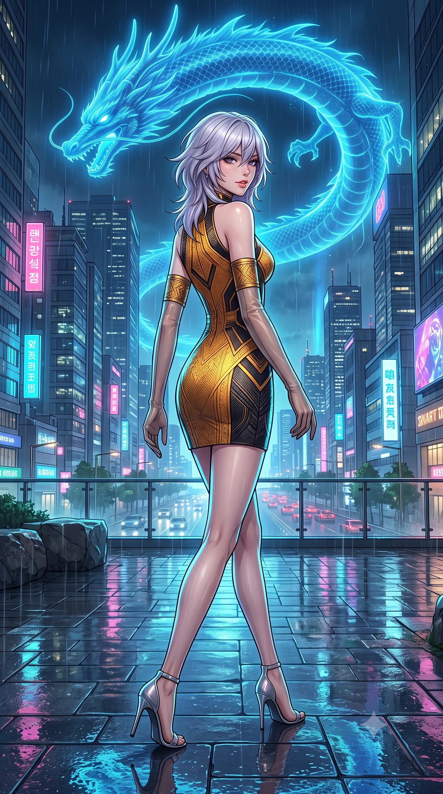 score_9, masterpiece, best quality, ultra-detailed, high-budget anime keyframe, semi-realistic 3D game render, editorial fashion photography, tasteful artistic composition, Japanese woman. low angle full-body shot from head to toe showing her feet, filling the entire 9:16 vertical frame with her statuesque presence, stretching her vertical silhouette. walking along the terrace with poise, looking back over her bare shoulder with an irresistible smoldering bedroom-gaze while standing poised on the rain-slicked plaza pavers beneath a massive celestial holographic blue dragon, arching her lower back with magnetic anime heroine grace. The surrounding environment is rendered in vivid detail and crisp panoramic clarity: detailed garment styling, crisp anime lines, and futuristic Korean metropolis architecture in high resolution. She has an exceptionally tall and slender model-like 8.5-heads proportion, an ultra-slim waist, a flat toned midriff, narrow delicate ribcage, and beautifully sculpted feminine hips creating a graceful, slim hourglass silhouette without any bulky heaviness, with impossibly long slender legs. sharp v-shaped jawline, high-bridge nose, intricate jewel-like sparkling eyes with depth, thick eyelashes, glossy parted lips with a natural peach sheen, bright cheerful beaming smile with an enchanting and coquettish sensual glint, exuding both youthful cute charm and seductive allure, flawlessly proportioned anatomical accuracy, strict slender model proportions, natural body alignment, perfectly sculpted long slender limbs, ultra-slim waistline, clean dynamic posture without body distortion. wearing a futuristic architectural jacquard shift dress with geometric high neckline and bracelet sleeves in solar-flare gold and interstellar onyx, woven from structured carbon-fiber jacquard with rich textural depth, complemented by sheer opera-length evening gloves tracing her slender arms, the bespoke structured tailoring following the natural line of her 8.5-heads silhouette with refined elegance. illuminated by wet pavement reflection bounce and sharp electric-cyan rim lights defining her jawline, narrow waist, and curvy hips. highly saturated vibrant anime colors, detailed shading with soft gradients, rich glossy textures, high-contrast stereoscopic depth, volumetric dynamic lighting, master piece, 9:16 ratio