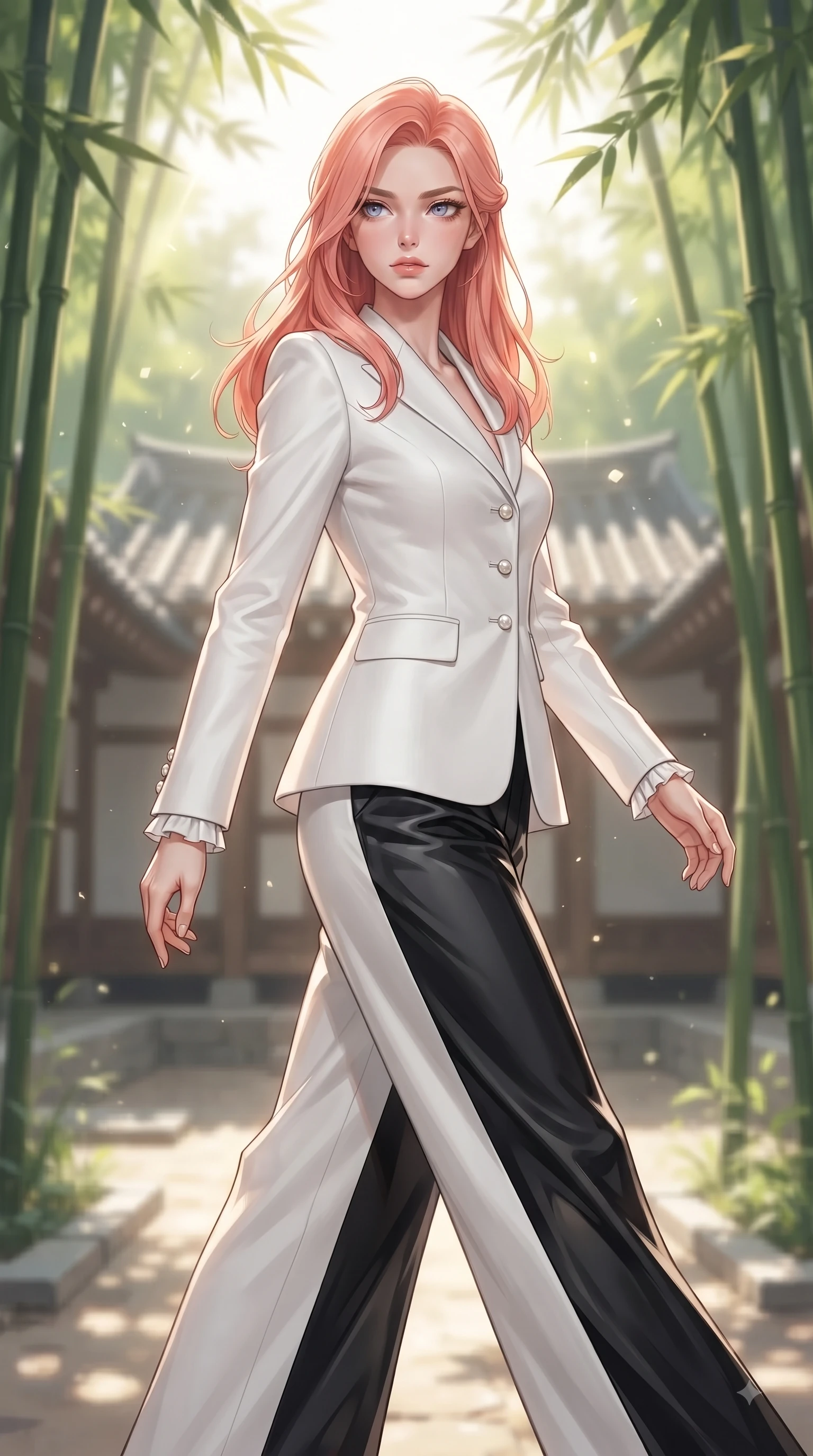 score_9, masterpiece, best quality, ultra-detailed, high-budget anime keyframe, editorial fashion photography, tasteful artistic composition, Japanese woman. close-up cowboy shot from the waist and thighs up, the character dominates the composition, filling the frame with her large presence. Statuesque haughty posture with a cool, sharp glance and composed high-fashion elegance while stepping gracefully through a sunlit Hanok courtyard surrounded by tall green bamboo stalks. The composition keeps background elements in soft focus with dreamy bokeh. dappled sunlight filtering through bamboo leaves creating a peaceful blurred backdrop. She has an exceptionally elegant, slender, and willowy female figure with an ultra-slim waist, a gracefully sculpted slender torso, and a refined silhouette. sharp v-shaped jawline, high-bridge nose, intricate jewel-like eyes with depth, thick eyelashes, glossy lips with a natural sheen, flawlessly proportioned anatomical accuracy, natural body alignment, perfectly sculpted elegant limbs, clean dynamic posture without body distortion. wearing a crisp monochrome white tailored suit jacket paired with wide-leg trousers in monochrome white and glossy black contrast, tailored from crisp high-density cotton poplin, accented with delicate pearl buttons and refined ruffle trims, the fluid drape swaying gracefully with her dynamic editorial movement. bathed in bright morning sunbeams filtering through lush bamboo canopies. ultra-reflective glossy finish, specular highlights, metallic sheen, high-contrast stereoscopic depth, volumetric dynamic lighting, 2k, ultra detail, master piece, 9:16 ratio