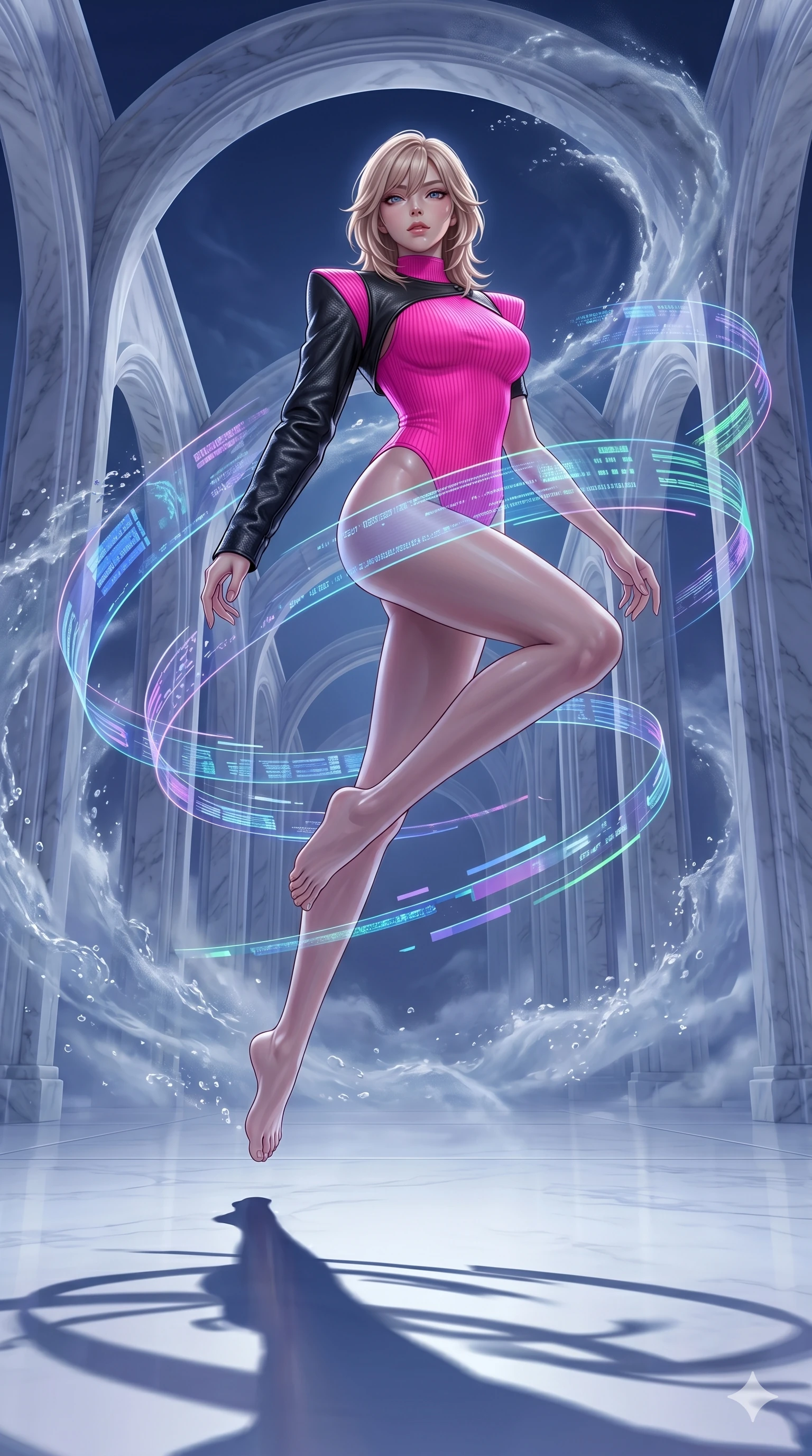 score_9, masterpiece, best quality, ultra-detailed, high-budget anime keyframe, editorial fashion photography, tasteful artistic composition, Japanese woman. low angle full-body shot from head to toe showing her feet, filling the entire 9:16 vertical frame with her statuesque presence, stretching her vertical silhouette. leaping through through a mirage cloud cathedral of translucent marble and water mist as floating holographic data ribbons swirl in a graceful orbit. She has an absolutely perfect 8-heads proportion, an exceptionally tall and slender female figure with impossibly long slender legs and an ultra-slim waist. V-shaped jawline, high-bridge nose, intricate jewel-like eyes with depth, thick eyelashes, glossy lips with a natural sheen.. wearing a vivid neon-pink ribbed athletic top with bold structural shoulders and a cropped single-sleeve black leather shrug. under a magical twilight glow casting long dramatic shadows across the clean floor. 2k, ultra detail, master piece, 9:16 ratio