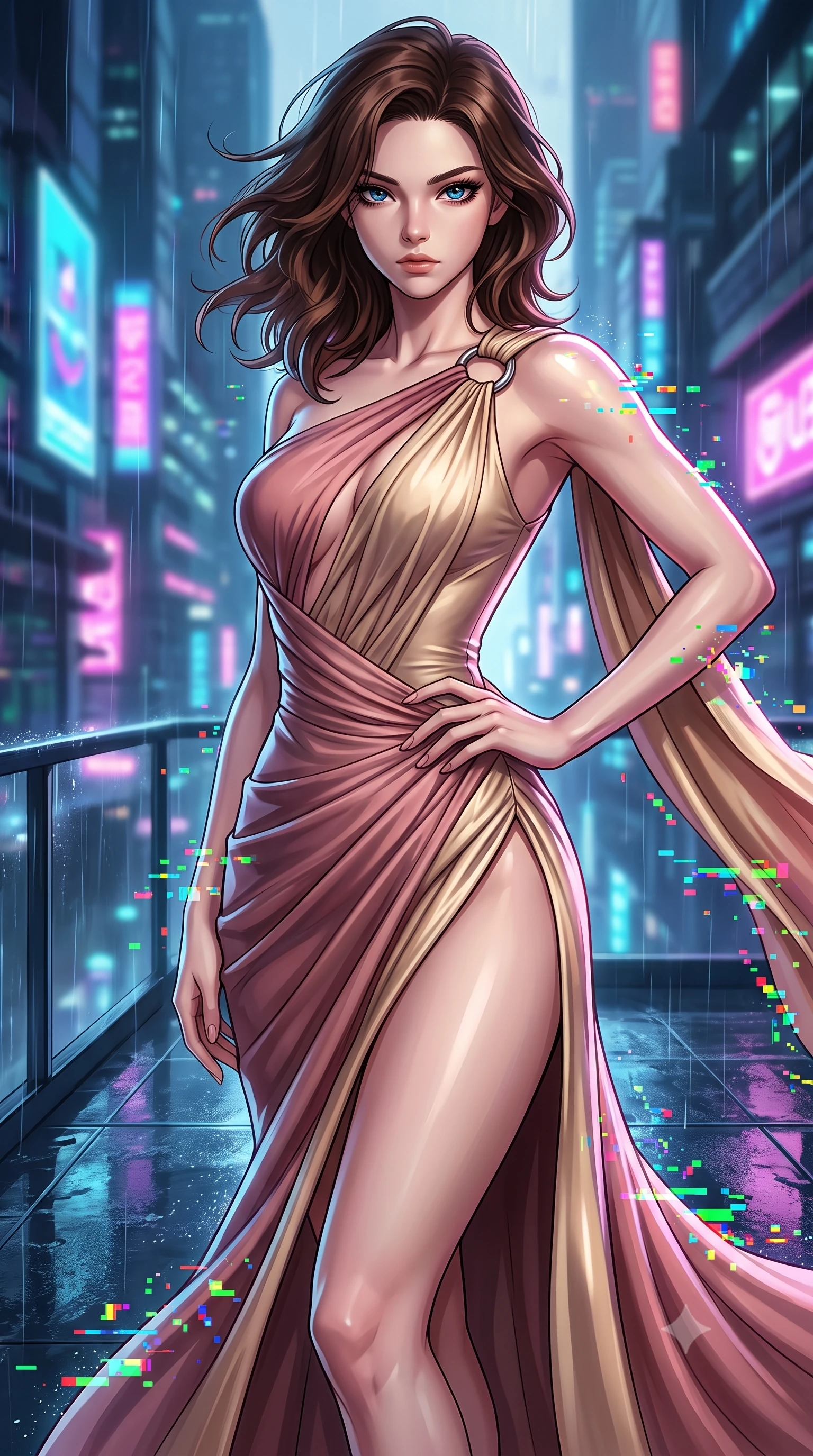 score_9, masterpiece, best quality, ultra-detailed, high-budget anime keyframe, editorial fashion photography, tasteful artistic composition, Korean woman. close-up cowboy shot from the waist and thighs up, the character dominates the composition, filling the frame with her large presence, background elements kept in soft focus. Holding a powerful dynamic pose with one hand on her hip and body angled dramatically toward the key light while pivoting gracefully on a rain-slicked balcony as RGB glitch noise scatters nearby, RGB glitch noise patterns casting colorful pixel trails along her movement. She has an exceptionally elegant, slender, and willowy female figure with an ultra-slim waist, a gracefully sculpted slender torso, and a refined silhouette. sharp v-shaped jawline, high-bridge nose, intricate jewel-like eyes with depth, thick eyelashes, glossy lips with a natural sheen, flawlessly proportioned anatomical accuracy, natural body alignment, perfectly sculpted elegant limbs, clean dynamic posture without body distortion. wearing an asymmetrical Grecian draped chiffon gown with a metallic shoulder ring in dusty rose and champagne gold, formed from sleek second-skin neoprene, finished with a sleek side slit ascending to mid-thigh, the form-contouring material highlighting her ultra-slim waist and long lines. surrounded by a high-energy futuristic cityscape atmosphere. highly saturated vibrant anime colors, detailed shading with soft gradients, rich glossy textures, high-contrast stereoscopic depth, volumetric dynamic lighting, master piece, 9:16 ratio
