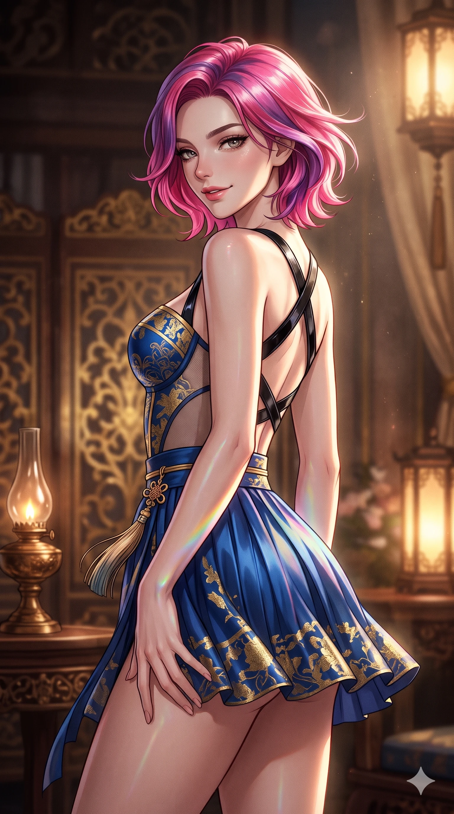 score_9, masterpiece, best quality, ultra-detailed, high-budget anime keyframe, editorial fashion photography, tasteful artistic composition, Caucasian woman. close-up cowboy shot from the waist and thighs up, the character dominates the composition, filling the frame with her large presence. turning slowly with an enchanting smoldering smile, her glossy hair tossing in the breeze as her hips angle gracefully in a captivating contrapposto while twisting her slender torso in an alluring contrapposto stance, rainbow mother-of-pearl reflections contouring her waist and hips. The background shows a soft-focus imperial private palace salon softened in royal chamber shallow focus. She has an exceptionally elegant, slender, and willowy female figure with an ultra-slim waist, flat toned midriff, narrow ribcage, and sculpted feminine hips creating an alluring, slim hourglass silhouette without bulk. sharp v-shaped jawline, high-bridge nose, sparkling eyes with hypnotic seductive depth, thick curled eyelashes, glossy parted lips with a natural dewy peach sheen, alluring bedroom-eyes with an enchanting coquettish smile, exuding magnetic siren charisma and sophisticated glamour, flawlessly proportioned anatomical accuracy, strict slender model proportions, natural body alignment, perfectly sculpted long slender limbs, ultra-slim waistline, clean dynamic posture without body distortion. wearing a modern boned hanbok bustier top with norigae tassel paired with an ultra-short micro-pleated silk wrap mini skirt in deep ocean cobalt and shimmering gold leaf, featuring strategic sheer-illusion micro-mesh cutouts along her ribcage and hip flanks, featuring an open-back criss-cross harness strap in patent black leather, the form-contouring silhouette accentuating her sculpted flat midriff, narrow delicate ribcage, and gracefully curvy hips with intoxicating allure. bathed in soft moody amber chiaroscuro lighting spilling from ornate bronze oil lamps. ultra-reflective glossy finish, specular highlights, rich textural contrasts, high-contrast stereoscopic depth, volumetric dynamic lighting, 2k, ultra detail, master piece, 9:16 ratio