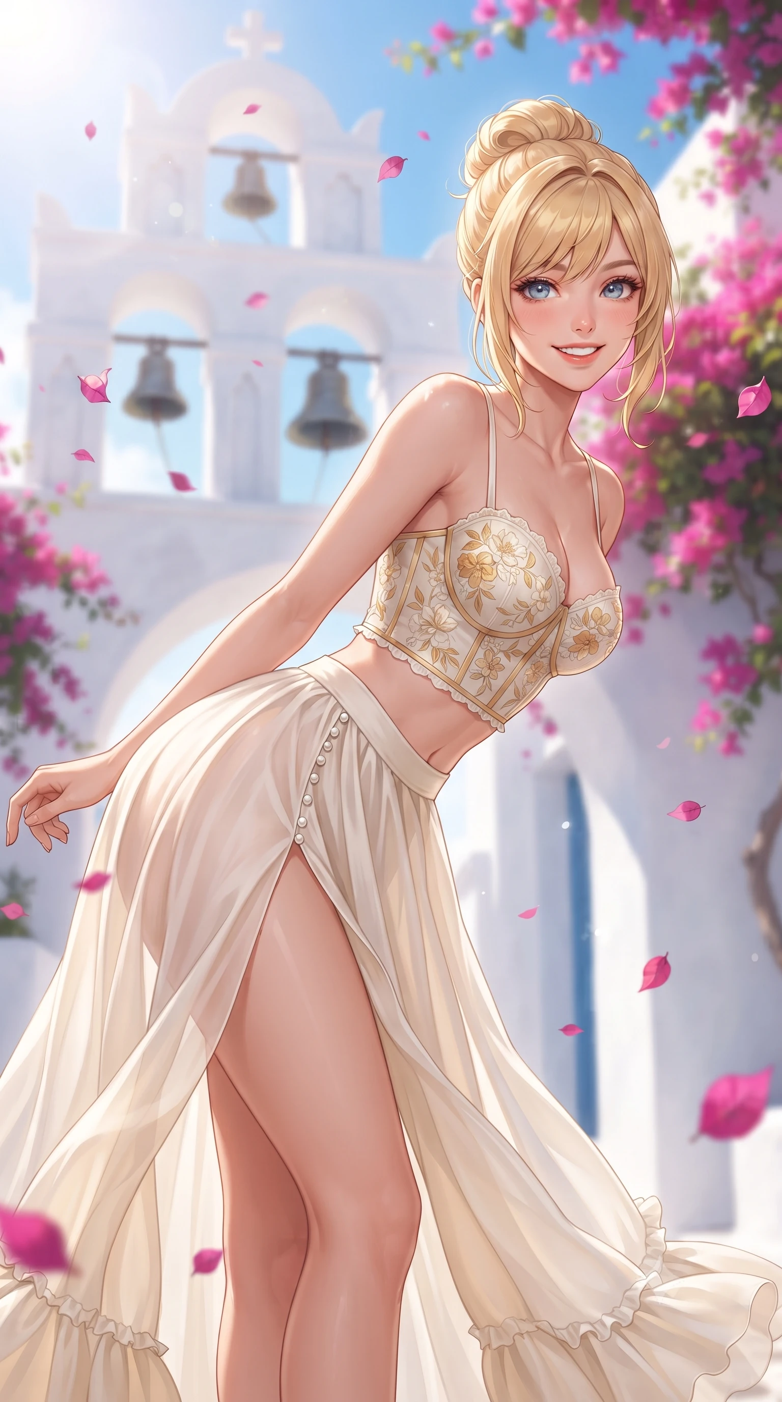 score_9, masterpiece, best quality, ultra-detailed, high-budget anime keyframe, editorial fashion photography, tasteful artistic composition, Caucasian woman. close-up cowboy shot from the waist and thighs up, the character dominates the composition, filling the frame with her large presence. leaning forward with playful cute grace while arching her lower back to accentuate her curvy hips, looking into the camera with a bright cheerful smile and alluring coquettish bedroom-eyes while standing beneath the ornate whitewashed triple bell tower arch, arching her back with a radiant, joyful smile as bougainvillea petals drift down. The composition keeps background elements in soft focus with dreamy creamy bokeh. whitewashed triple bell tower arches and cascading vibrant fuchsia bougainvillea blurred into hot pink, pure white, and sky-blue bokeh. She has an exceptionally elegant, slender, and willowy female figure with an ultra-slim waist, flat toned midriff, narrow ribcage, and sculpted feminine hips creating an alluring, slim hourglass silhouette without bulk. sharp v-shaped jawline, high-bridge nose, intricate jewel-like sparkling eyes with depth, thick eyelashes, glossy parted lips with a natural peach sheen, bright cheerful beaming smile with an enchanting and coquettish sensual glint, exuding both youthful cute charm and seductive allure, flawlessly proportioned anatomical accuracy, strict slender model proportions, natural body alignment, perfectly sculpted long slender limbs, ultra-slim waistline, clean dynamic posture without body distortion. wearing a delicate floral embroidery bustier top paired with a flowy high-slit chiffon maxi skirt with a side hip opening in pure alabaster white and sun-kissed gold, woven from layered gossamer organza with weightless flutter, finished with subtle ruffle trims and delicate pearl buttons, the glove-like silhouette tightly following the natural contour of her hips and long slender legs with youthful 8.5-heads elegance. bathed in brilliant midday Mediterranean sunlight and luminous white wall bounce fill. ultra-reflective glossy finish, specular highlights, rich textural contrasts, high-contrast stereoscopic depth, volumetric dynamic lighting, 2k, ultra detail, master piece, 9:16 ratio