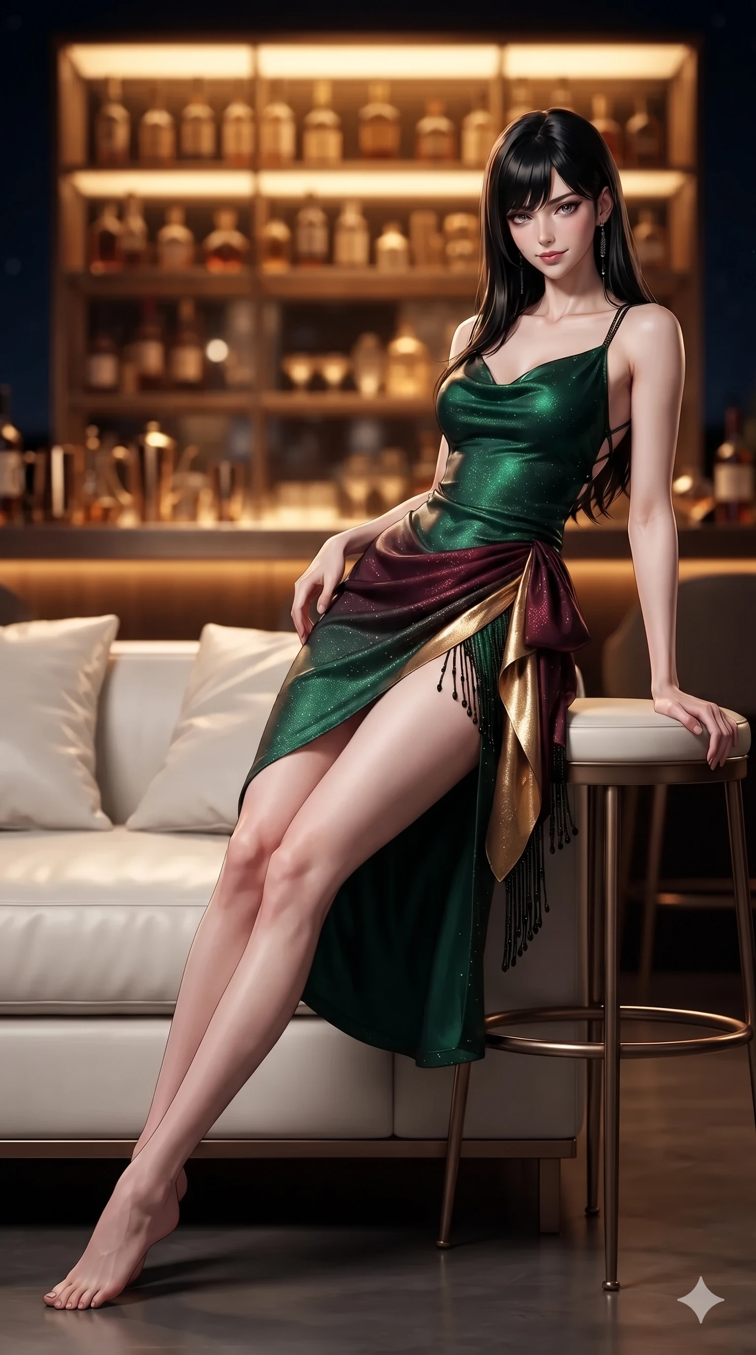 score_9, masterpiece, best quality, ultra-detailed, high-budget anime keyframe, editorial fashion photography, tasteful artistic composition, Caucasian woman. low angle full-body shot from head to toe showing her feet, filling the entire 9:16 vertical frame with her statuesque presence, stretching her vertical silhouette. reclining gracefully on an oversized white leather daybed under the open midnight sky, her long slender legs and hourglass curves commanding the frame while sliding gracefully off the barstool, hips swaying in an alluring sensual rhythm that accentuates her curvy hourglass silhouette. The background shows a soft-focus backlit honey-onyx bar shelves lined with vintage spirits, polished brass barware, and smoke-tinted mirrors blurred into amber, cognac, and gold bokeh. She has an exceptionally tall and slender model-like 8.5-heads proportion, an ultra-slim waist, a flat toned midriff, narrow delicate ribcage, and beautifully sculpted feminine hips creating a graceful, slim hourglass silhouette without any bulky heaviness, with impossibly long slender legs. sharp v-shaped jawline, high-bridge nose, intricate jewel-like dark sparkling eyes with dangerous depth, thick curled eyelashes, glossy parted lips with a rich wine sheen, smoldering seductive half-smile with bedroom-eyes, exuding effortless superiority and intoxicating dark allure, flawlessly proportioned anatomical accuracy, strict slender model proportions, natural body alignment, perfectly sculpted long slender limbs, ultra-slim waistline, clean dynamic posture without body distortion. wearing a cowl-neck emerald green silk satin slip dress with criss-cross back straps and hip-accentuating drape in deep wine burgundy and lustrous gold foil, woven from metallic lurex thread casting subtle starlight glints across the fabric, accented with fine jet-black beaded tassels that sway with each movement, the form-fitting cut adhering flawlessly to her sculpted flat midriff and slender torso, emphasizing her long leg lines and perfectly proportioned willowy build. illuminated by mirror reflection bounce and sharp bronze-champagne rim lights sculpting her razor-sharp jawline, narrow waist, and curvy hips. ultra-reflective glossy finish, specular highlights, rich textural contrasts, high-contrast stereoscopic depth, volumetric dynamic lighting, 2k, ultra detail, master piece, 9:16 ratio