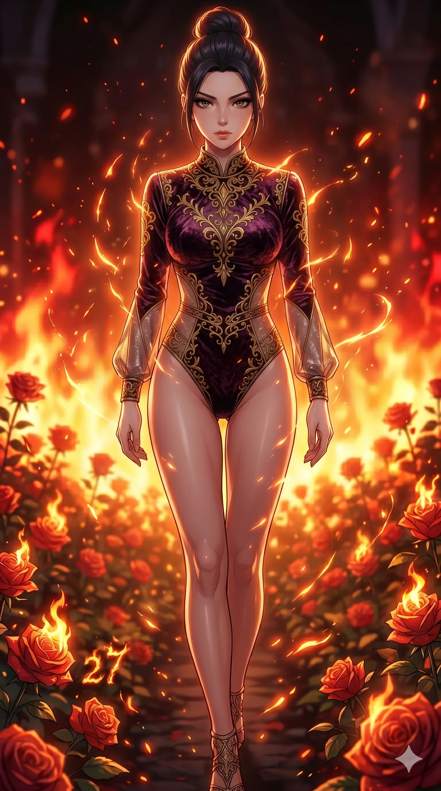 score_9, masterpiece, best quality, ultra-detailed, Set A: High-budget Anime Keyframe, Japanese woman. Upper body close-up from the thighs up, character filling the screen for maximum presence. Walking gracefully through a burning rose garden, with a look of intense determination reflecting the fires of 237 and surrounded by glowing energy sparks. She has an absolutely perfect 8-heads proportion, an exceptionally tall and slender female figure with impossibly long slender legs and an ultra-slim waist. Sharp v-shaped jawline, high-bridge nose, intricate jewel-like eyes with depth, thick eyelashes, glossy lips with a natural sheen. Wearing Crushed dark velvet bodysuit with golden filigree and sheer fabric transparency. Cinematic lighting, vibrant colors, dramatic shadows, 2k, ultra detail, master piece, 9:16 ratio