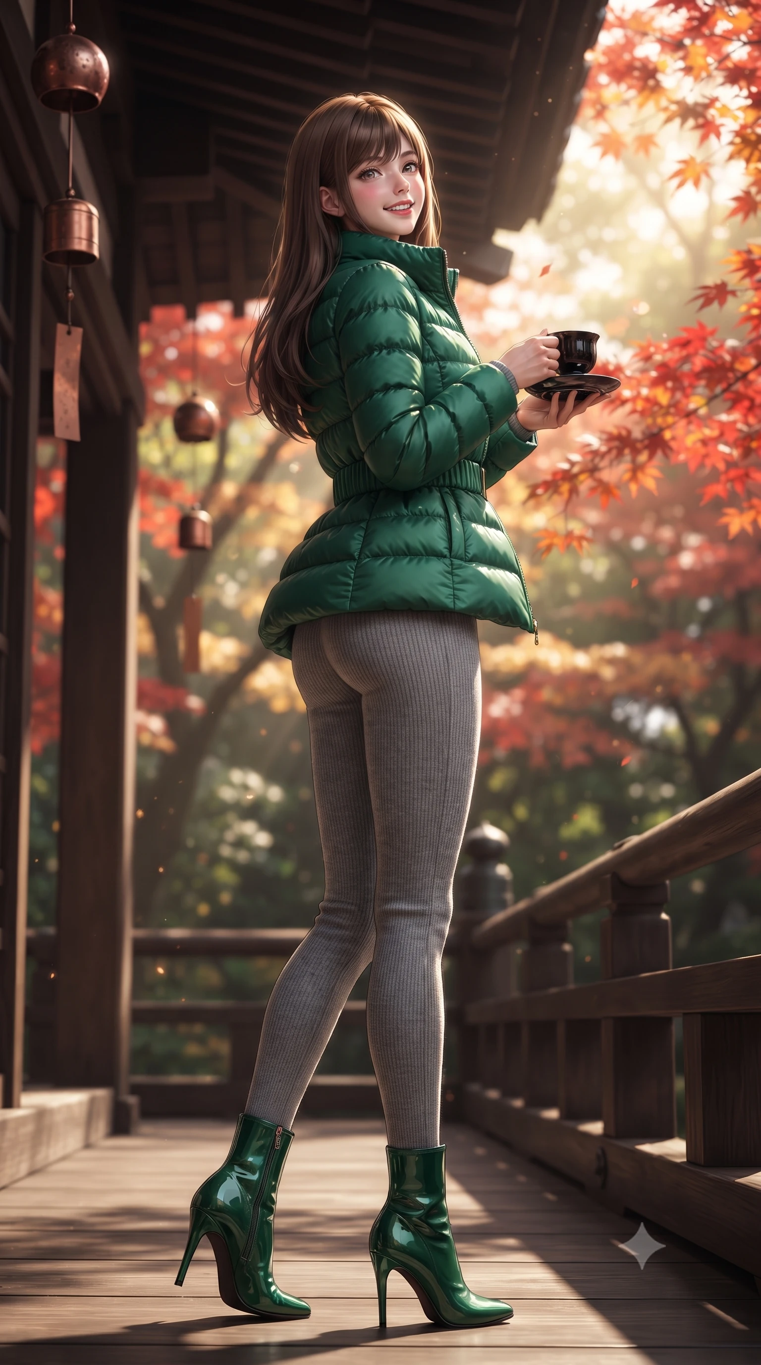 score_9, masterpiece, best quality, ultra-detailed, high-budget anime keyframe, editorial fashion photography, tasteful artistic composition, Korean woman. low angle full-body shot from head to toe showing her feet, filling the entire 9:16 vertical frame with her statuesque presence, stretching her vertical silhouette. executing an elegant pivot turn as the hem of her form-fitting knit sways rhythmically, glancing back with joyful radiance and seductive allure while holding a black lacquer teacup with both hands on the veranda, looking up toward the camera with an enchanting, peaceful smile. The background shows a soft-focus traditional cedar eaves and hanging copper wind chimes softened in timeless autumn temple sanctuary shallow focus. She has an exceptionally tall and slender model-like 8.5-heads proportion, an ultra-slim waist, a flat toned midriff, narrow delicate ribcage, and beautifully sculpted feminine hips creating a graceful, slim hourglass silhouette without any bulky heaviness, with impossibly long slender legs. sharp v-shaped jawline, high-bridge nose, intricate jewel-like sparkling eyes with depth, thick eyelashes, glossy parted lips with a natural peach sheen, bright cheerful beaming smile with an enchanting and coquettish sensual glint, exuding both youthful cute charm and seductive allure, flawlessly proportioned anatomical accuracy, strict slender model proportions, natural body alignment, perfectly sculpted long slender limbs, ultra-slim waistline, clean dynamic posture without body distortion. wearing a tailored quilted down jacket with a deeply cinched elastic belt worn over an ultra-tight thermal rib-knit bodysuit and leggings in St. Moritz pine forest emerald and heather grey, tailored from stretch wool crepe providing structured compression and razor-sharp bodycon lines, complemented by sleek patent leather stiletto ankle boots accentuating her long slender calves, the body-conscious tailored knit hugging her sculpted torso and curvaceous hips in a seamless, fluid line that highlights her statuesque model proportions. bathed in filtered golden autumn sunlight dappled through brilliant red and orange maple foliage. ultra-reflective glossy finish, specular highlights, rich textural contrasts, high-contrast stereoscopic depth, volumetric dynamic lighting, 2k, ultra detail, master piece, 9:16 ratio
