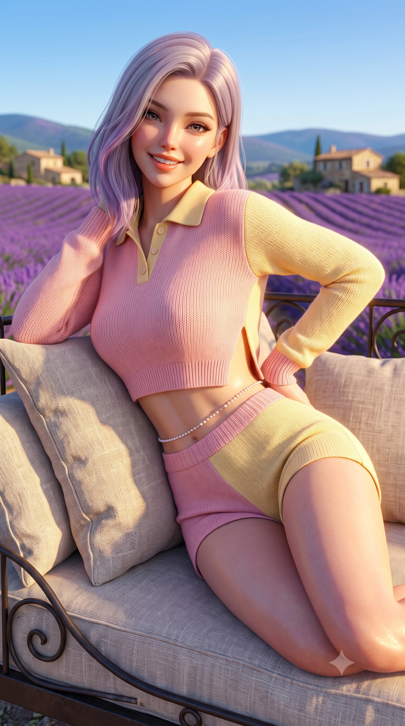 score_9, masterpiece, best quality, ultra-detailed, high-budget anime keyframe, semi-realistic 3D game render, editorial fashion photography, tasteful artistic composition, Caucasian woman. close-up cowboy shot from the waist and thighs up, the character dominates the composition, filling the frame with her large presence. resting both hands lightly behind her back while leaning toward the lens with a cheerful, teasing grin, her form-fitting outfit hugging her narrow waist and feminine hip curve while reclining on a vintage iron daybed propped on one elbow, her flat midriff and willowy curves bathed in golden French countryside light. The surrounding environment is rendered in vivid detail and crisp panoramic clarity. detailed linen sundress weave, warm sun specular highlights on skin, and Provence valley clarity in high resolution. She has an exceptionally elegant, slender, and willowy female figure with an ultra-slim waist, flat toned midriff, narrow ribcage, and sculpted feminine hips creating an alluring, slim hourglass silhouette without bulk. sharp v-shaped jawline, high-bridge nose, intricate jewel-like sparkling eyes with depth, thick eyelashes, glossy parted lips with a natural peach sheen, bright cheerful beaming smile with an enchanting and coquettish sensual glint, exuding both youthful cute charm and seductive allure, flawlessly proportioned anatomical accuracy, strict slender model proportions, natural body alignment, perfectly sculpted long slender limbs, ultra-slim waistline, clean dynamic posture without body distortion. wearing a cropped knitted polo sweater paired with high-cut tailored tennis shorts hugging her rounded hips in sweet strawberry milk pink and butter yellow, crafted from soft cozy cashmere yarn with an airy drape, accented with a dainty pearl waist chain catching the ambient sunlight, the precision-cut side openings and low-back scoop framing her graceful spine and the sensual sweep of her slim, toned hips. bathed in brilliant golden hour southern French sunlight streaming across the purple hillside. highly saturated vibrant anime colors, detailed shading with soft gradients, rich glossy textures, high-contrast stereoscopic depth, volumetric dynamic lighting, master piece, 9:16 ratio
