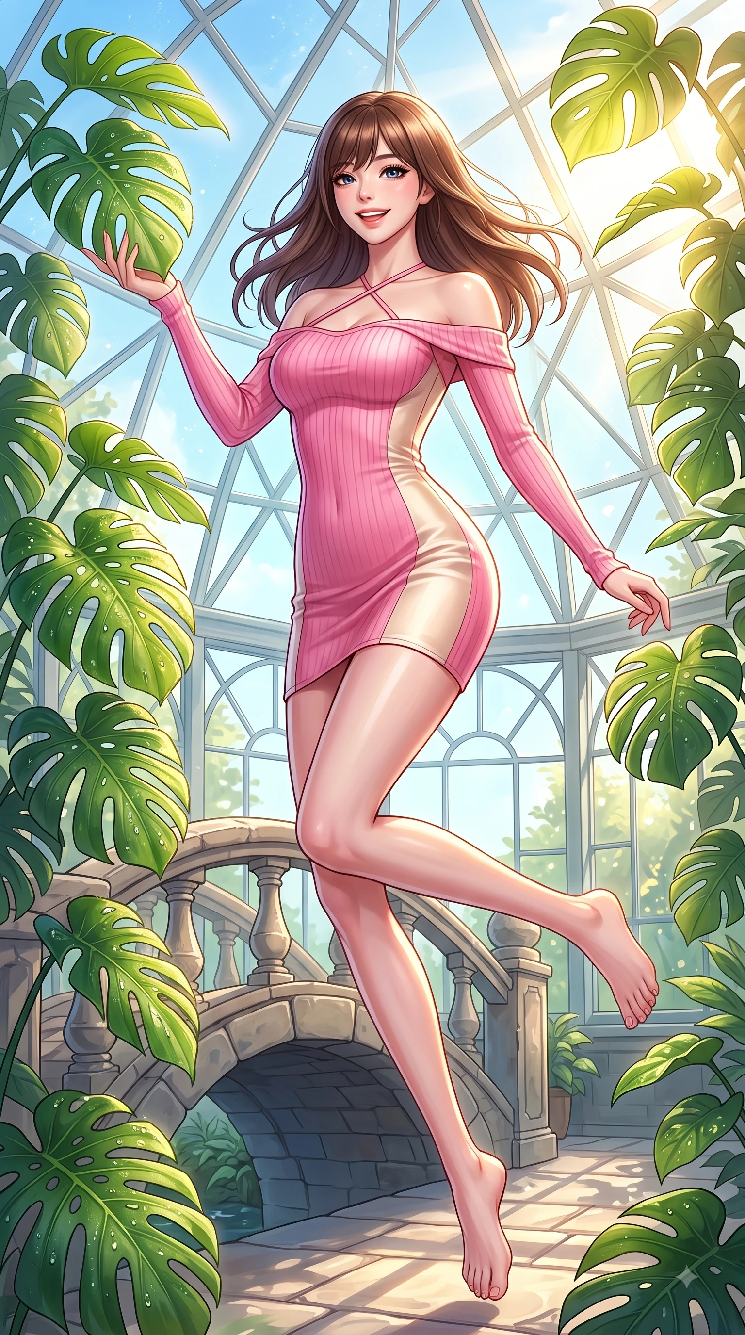 score_9, masterpiece, best quality, ultra-detailed, high-budget anime keyframe, editorial fashion photography, tasteful artistic composition, Korean woman. low angle full-body shot from head to toe showing her feet, filling the entire 9:16 vertical frame with her statuesque presence, stretching her vertical silhouette. leaping with pure youthful energy through the scene with a radiant bright smile, her long slender legs balanced gracefully while reaching one arm out cheerfully to touch a sun-lit green leaf with a delightful smile. The surrounding environment is rendered in vivid detail and crisp panoramic clarity. dewdrops on Monstera leaves, stone bridge details, and clear glass geometric panels in crisp resolution. She has an absolutely perfect, statuesque 8.5-heads proportion, an exceptionally tall and slender model-like female figure with impossibly long slender legs and an ultra-slim waist. sharp v-shaped jawline, high-bridge nose, intricate jewel-like eyes with depth, thick eyelashes, glossy lips with a natural sheen, flawlessly proportioned anatomical accuracy, natural body alignment, perfectly sculpted elegant limbs, clean dynamic posture without body distortion. wearing a sleek off-shoulder ribbed knit dress accentuating her graceful collarbones and slender waist in bright cherry blossom pink and champagne, crafted from smooth liquid silk satin, finished with delicate criss-cross back straps highlighting her bare shoulders, the tailored fabric tightly following every curve of her athletic build. bathed in brilliant golden sunlight filtering through conservatory glass panes. highly saturated vibrant anime colors, detailed shading with soft gradients, rich glossy textures, high-contrast stereoscopic depth, volumetric dynamic lighting, master piece, 9:16 ratio