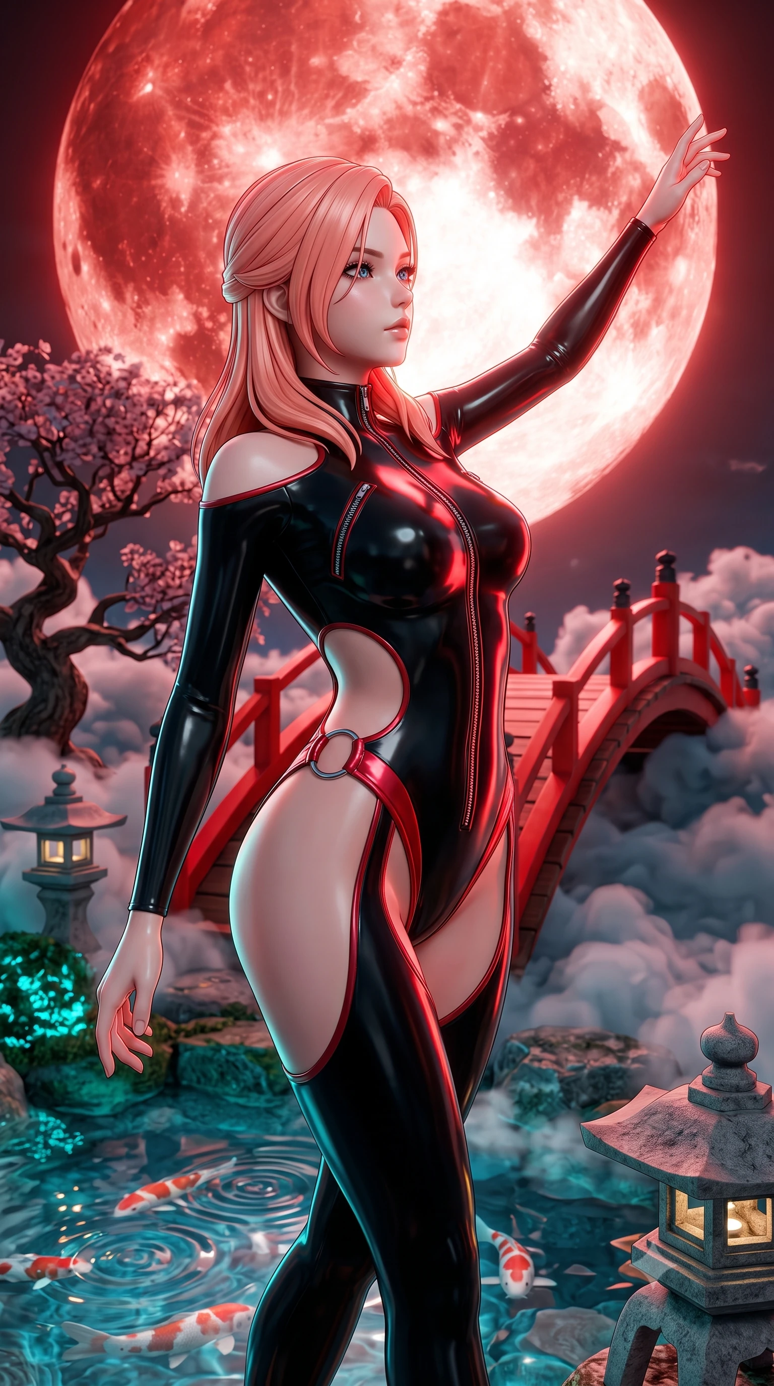 score_9, masterpiece, best quality, ultra-detailed, high-budget anime keyframe, semi-realistic 3D game render, editorial fashion photography, tasteful artistic composition, Japanese woman. close-up cowboy shot from the waist and thighs up, the character dominates the composition, filling the frame with her large presence. extending one arm gracefully toward the light while her torso arches in a sleek, alluring curve with magnetic intensity while stepping along a curved vermilion bridge suspended in the clouds beneath an enormous glowing moon. The surrounding environment is rendered in vivid detail and crisp panoramic clarity. sharp digital koi pond ripples, crisp blood moon craters, and stone lantern details in high resolution. She has an exceptionally elegant, slender, and willowy female figure with an ultra-slim waist, a gracefully sculpted slender torso, and a refined silhouette. sharp v-shaped jawline, high-bridge nose, intricate jewel-like eyes with depth, thick eyelashes, glossy lips with a natural sheen, flawlessly proportioned anatomical accuracy, natural body alignment, perfectly sculpted elegant limbs, clean dynamic posture without body distortion. wearing a glossy black second-skin latex bodysuit with high-thigh cuts, exposed clavicle neckline, and gleaming zipper details in glossy obsidian black and radiant crimson red, made of liquid metal jersey that clings flawlessly to every contour of her build, detailed with polished silver rings connecting the daring side-waist cutouts, the glove-like fit tightly following every curve of her statuesque athletic build. bathed in dramatic crimson blood-moon backlighting and glowing cyan moss ambient fill. highly saturated vibrant anime colors, detailed shading with soft gradients, rich glossy textures, high-contrast stereoscopic depth, volumetric dynamic lighting, master piece, 9:16 ratio