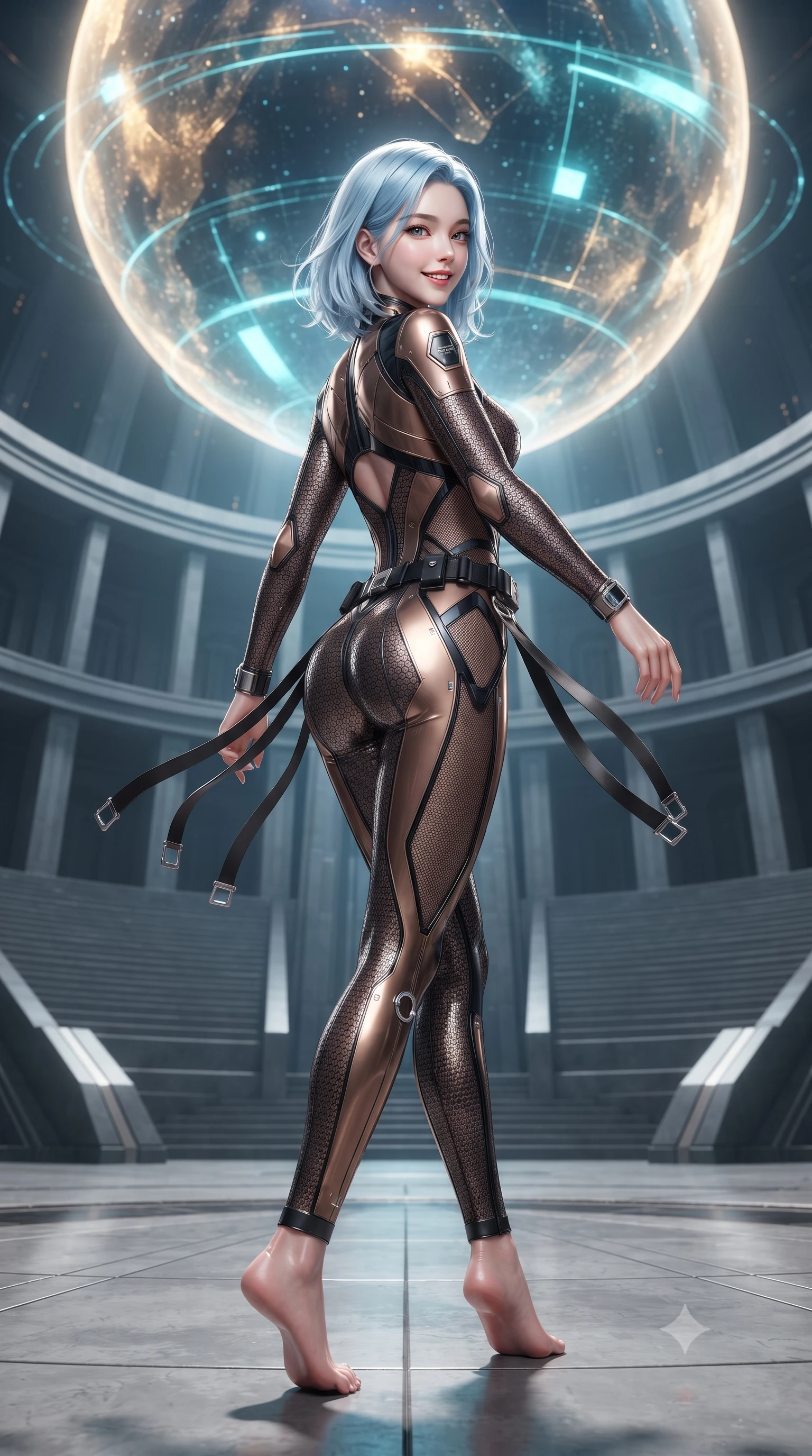 score_9, masterpiece, best quality, ultra-detailed, high-budget anime keyframe, editorial fashion photography, tasteful artistic composition, Korean woman. low angle full-body shot from head to toe showing her feet, filling the entire 9:16 vertical frame with her statuesque presence, stretching her vertical silhouette. executing a cheerful mid-motion pivot turn as her tactical belt and ribbons flutter around her slender legs, glancing over her shoulder with an intoxicating, teasing bedroom-gaze while standing in the center of the semicircular amphitheater beneath a colossal floating planetary matrix, arching her spine with sovereign authority. The surrounding environment is rendered in vivid detail and crisp panoramic clarity: detailed tailored suit texture, digital data reflections on skin, and monumental government architecture in razor-sharp precision. She has an absolutely perfect, statuesque 8.5-heads proportion, an exceptionally tall and slender model-like female figure with impossibly long slender legs, an ultra-slim waist, a flat toned midriff, narrow delicate ribcage, and beautifully sculpted feminine hips creating a graceful, slim hourglass silhouette without any bulky heaviness. sharp v-shaped jawline, high-bridge nose, intricate jewel-like sparkling eyes with depth, thick eyelashes, glossy parted lips with a natural sheen, bright confident smile with an enchanting and coquettish sensual glint, exuding both youthful magnetic charm and sovereign high-tech allure, flawlessly proportioned anatomical accuracy, strict slender model proportions, natural body alignment, perfectly sculpted long slender limbs, ultra-slim waistline, clean dynamic posture without body distortion. wearing a futuristic cut-out nano-suit with diamond-shaped side-torso mesh insets tracing her slim hourglass curves in burnished bronze alloy and smoked glass black, woven from delicate semi-opaque high-tensile nano-mesh with intricate hexagonal micro-patterns, finished with sharp laser-cut side ventilation slits framed by silver hardware rings, the form-contouring cut accentuating her sculpted flat midriff, narrow delicate ribcage, and gracefully curvy hips with cybernetic supermodel precision. bathed in regal gold and cyan holographic light radiating from the floating globe matrix. ultra-reflective glossy finish, specular highlights, rich textural contrasts, high-contrast stereoscopic depth, volumetric dynamic lighting, 2k, ultra detail, master piece, 9:16 ratio