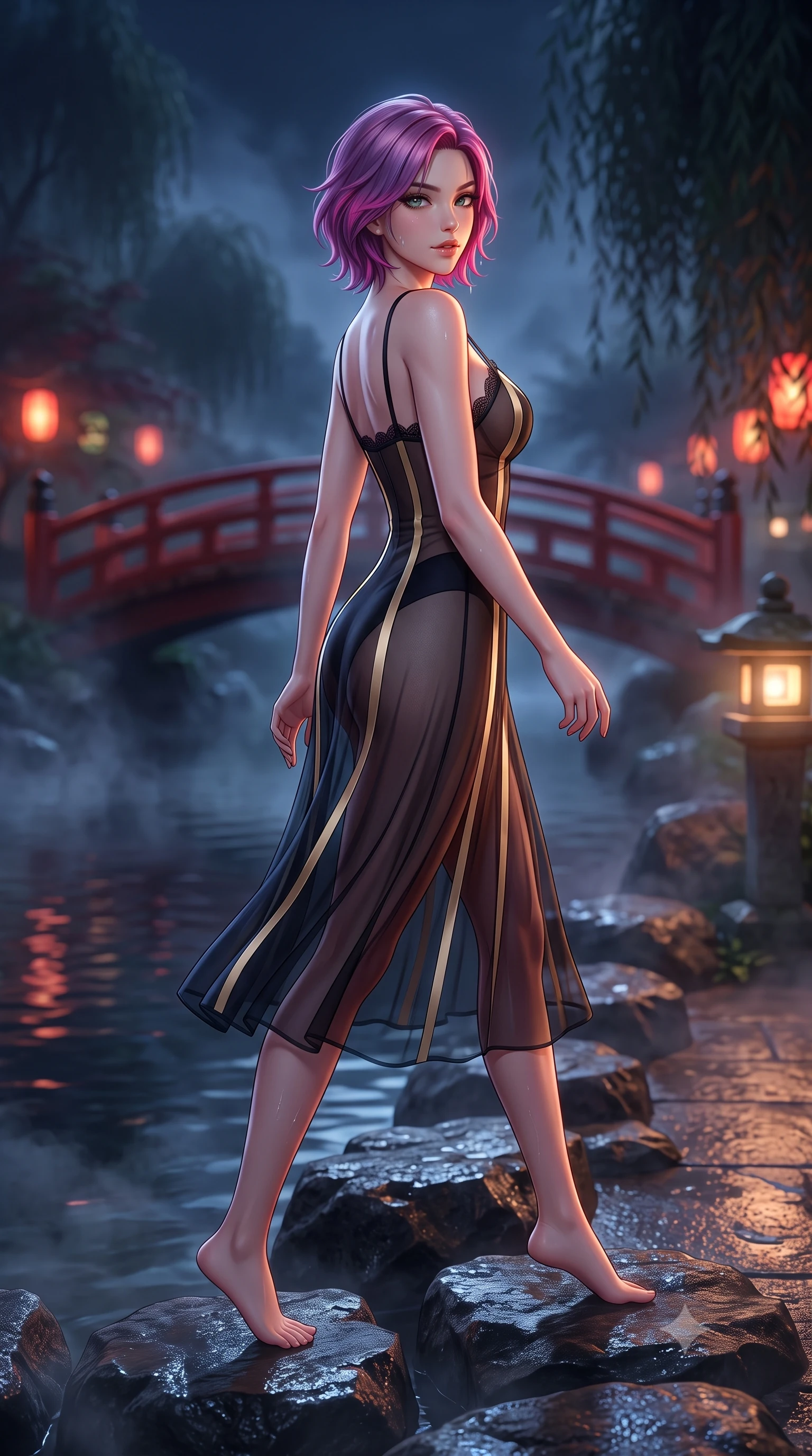 score_9, masterpiece, best quality, ultra-detailed, high-budget anime keyframe, semi-realistic 3D game render, editorial fashion photography, tasteful artistic composition, Caucasian woman. low angle full-body shot from head to toe showing her feet, filling the entire 9:16 vertical frame with her statuesque presence, stretching her vertical silhouette. walking along the terrace with poise, looking back over her bare shoulder with an irresistible smoldering bedroom-gaze while standing poised on the wet volcanic basalt rocks beside the natural steaming hot spring river, arching her lower back with wet-look siren grace as nocturnal mountain mist swirls. The background shows a soft-focus vermilion arched bridge spanning the dark river, weeping Japanese maples shrouded in nocturnal fog, and glowing stone toro lanterns blurred into vermilion, jade, and charcoal bokeh. She has an exceptionally tall and slender model-like 8.5-heads proportion, an ultra-slim waist, a flat toned midriff, narrow delicate ribcage, and beautifully sculpted feminine hips creating a graceful, slim hourglass silhouette without any bulky heaviness, with impossibly long slender legs. sharp v-shaped jawline, high-bridge nose, intricate jewel-like sparkling eyes with depth, thick eyelashes, glossy parted lips with a natural peach sheen, bright cheerful beaming smile with an enchanting and coquettish sensual glint, exuding both youthful cute charm and seductive allure, flawlessly proportioned anatomical accuracy, strict slender model proportions, natural body alignment, perfectly sculpted long slender limbs, ultra-slim waistline, clean dynamic posture without body distortion. wearing a plunge-front sheer illusion tulle slip dress with liquid gold ribbon stripes hugging her curves in deep midnight obsidian black and liquid champagne gold, woven from fine semi-opaque stretch illusion mesh tracing her slender contours, finished with scalloped eyelash lace trim framing her sweetheart neckline with intimate elegance, the second-skin tailored fabric adhering flawlessly to her sculpted flat midriff and slender torso, emphasizing her long leg lines and perfectly proportioned willowy build. bathed in the romantic vermilion-and-gold 2300K lantern glows contrasted with cool deep-blue mountain mist. highly saturated vibrant anime colors, detailed shading with soft gradients, rich glossy textures, high-contrast stereoscopic depth, volumetric dynamic lighting, master piece, 9:16 ratio