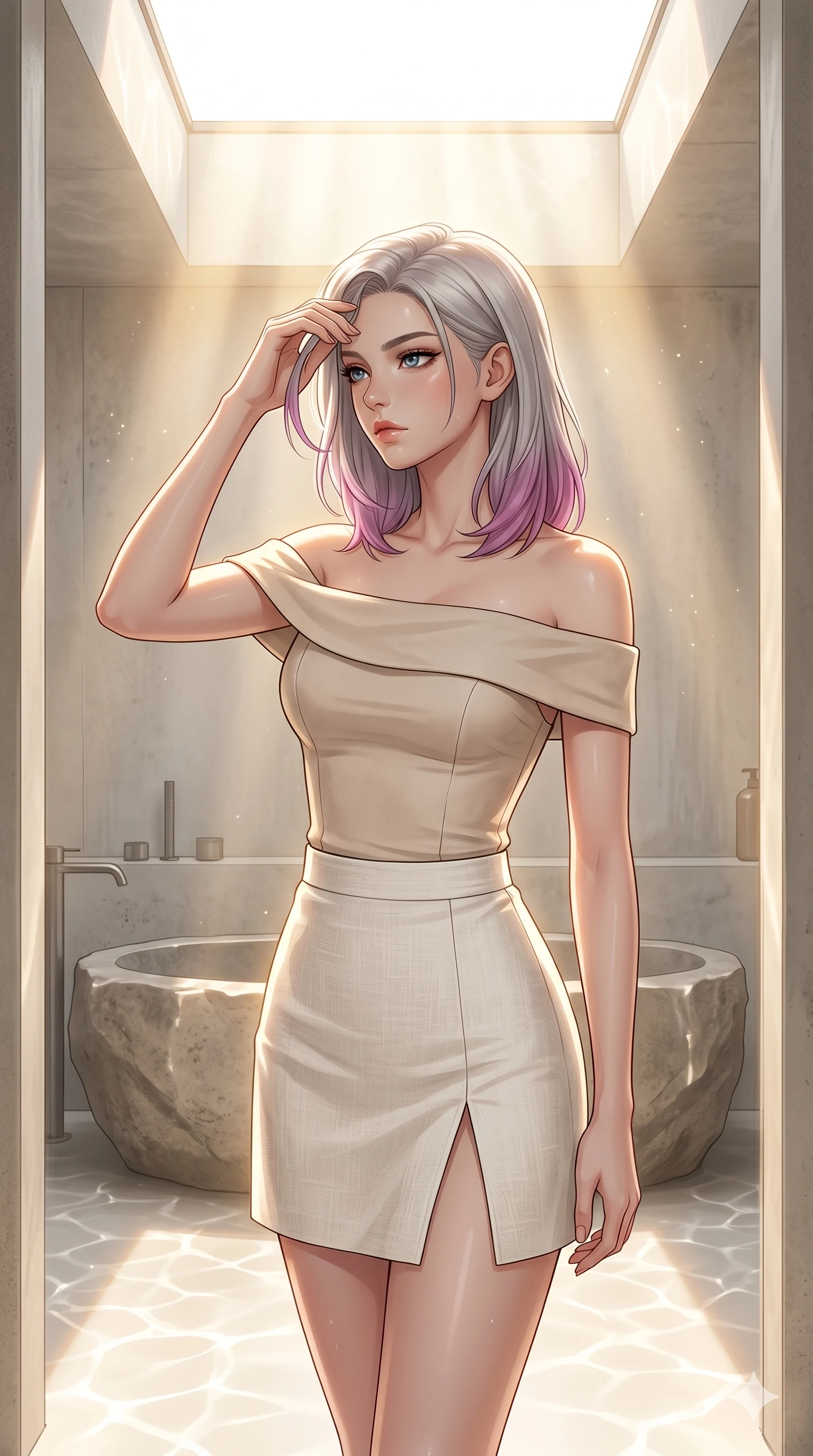score_9, masterpiece, best quality, ultra-detailed, high-budget anime keyframe, editorial fashion photography, tasteful artistic composition, Caucasian woman, strictly human ears. cowboy shot from the thighs up, character and outfit filling the frame for maximum editorial presence. wiping a lock of hair from her forehead, her expression cool and contemplative as she turns her head inside a sun-washed minimalist bathroom with a large stone tub and warm sunbeams filtering through skylight (Code-P059). She has an absolutely perfect 8-heads proportion, an exceptionally tall and slender female figure with impossibly long slender legs and an ultra-slim waist. V-shaped jawline, high-bridge nose, intricate jewel-like eyes with depth, thick eyelashes, glossy lips with a natural sheen. wearing a beige off-shoulder top showing her elegant clavicle lines, and a split linen skirt. bathed in soft morning sunbeams flowing into the room, creating a bright, glowing atmosphere. 2k, ultra detail, master piece, 9:16 ratio