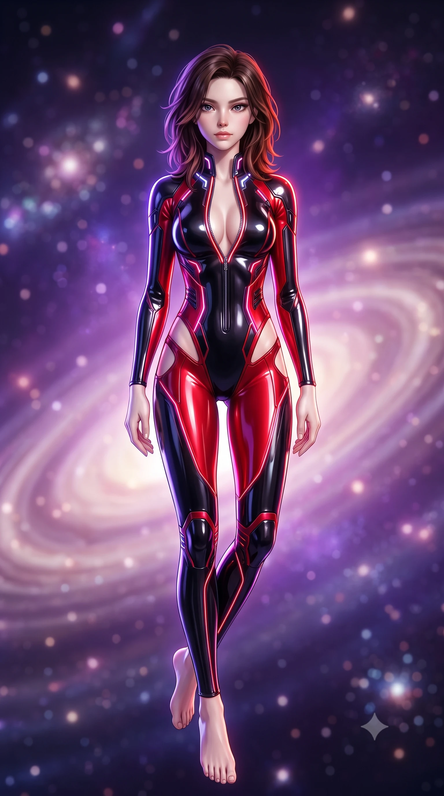 score_9, masterpiece, best quality, ultra-detailed, high-budget anime keyframe, semi-realistic 3D game render, editorial fashion photography, tasteful artistic composition, Korean woman. low angle full-body shot from head to toe showing her feet, filling the entire 9:16 vertical frame with her statuesque presence, stretching her vertical silhouette. pivoting dynamically in mid-motion with a breathtakingly alluring posture, displaying her flawless model proportions and ultra-slim waist while floating weightlessly inside a brilliant violet galaxy surrounded by swirling cosmic dust rings. The composition keeps background elements in soft focus with creamy bokeh. stardust rings and distant celestial clusters softened in smooth ethereal depth of field. She has an absolutely perfect, statuesque 8.5-heads proportion, an exceptionally tall and slender model-like female figure with impossibly long slender legs and an ultra-slim waist. sharp v-shaped jawline, high-bridge nose, intricate jewel-like eyes with depth, thick eyelashes, glossy lips with a natural sheen, flawlessly proportioned anatomical accuracy, natural body alignment, perfectly sculpted elegant limbs, clean dynamic posture without body distortion. wearing a skin-tight cybernetic bodysuit with glowing neon seams, deep hip cutouts, and an aerodynamic athletic fit in glossy obsidian black and radiant crimson red, formed from high-gloss patent material with specular light reflections, featuring a dangerously unzipped neckline framed by glowing cybernetic accents, the form-contouring second-skin material highlighting her ultra-slim waist and long lines. illuminated by sharp white front key lights and glowing cosmic rim highlights. highly saturated vibrant anime colors, detailed shading with soft gradients, rich glossy textures, high-contrast stereoscopic depth, volumetric dynamic lighting, master piece, 9:16 ratio