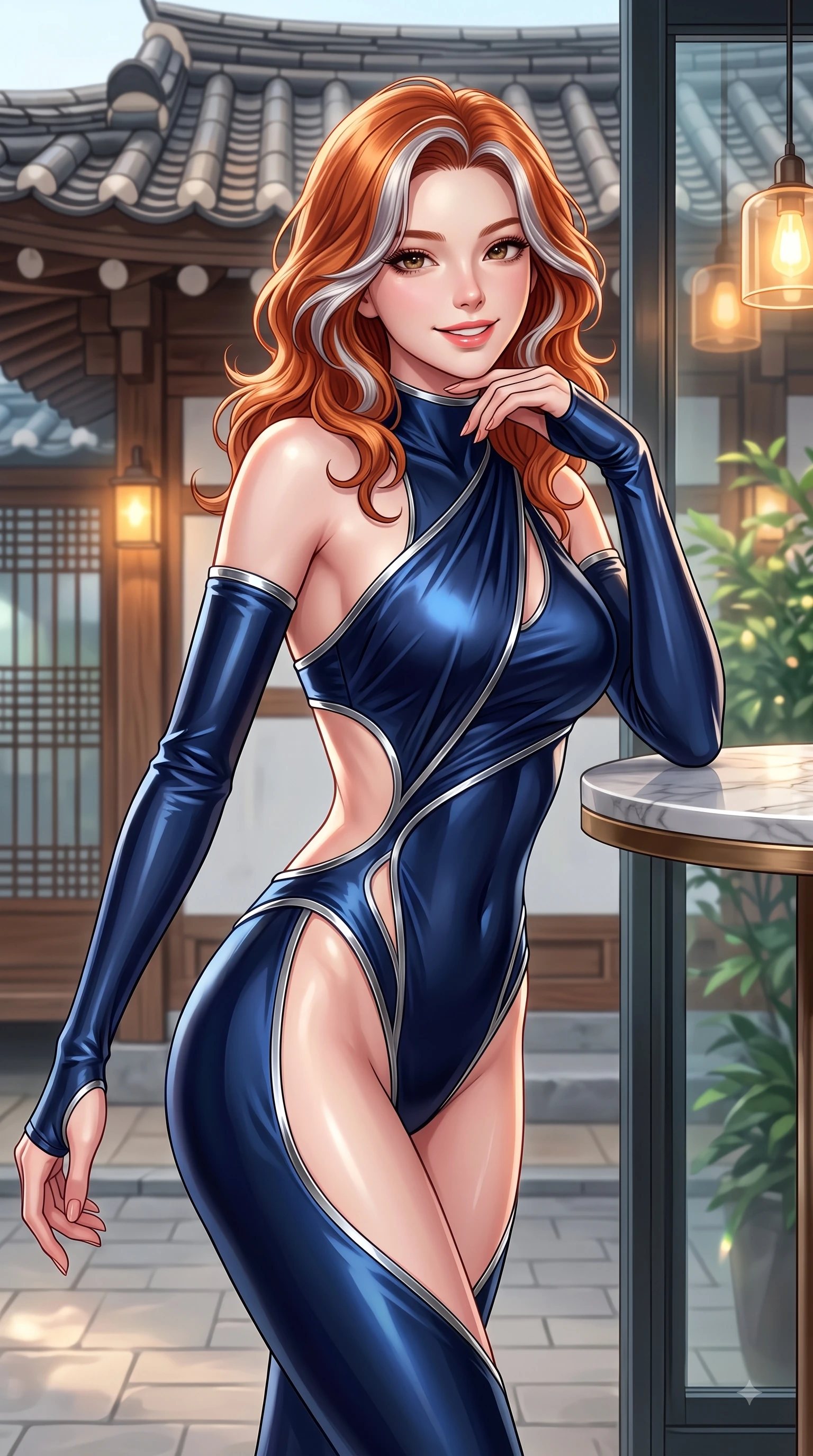 score_9, masterpiece, best quality, ultra-detailed, high-budget anime keyframe, editorial fashion photography, tasteful artistic composition, Caucasian woman. close-up cowboy shot from the waist and thighs up, the character dominates the composition, filling the frame with her large presence, background elements kept in soft focus. Gazing directly into the camera with a fresh, infectious smile as her torso curves dynamically in mid-stride while resting her chin playfully on the back of her fingers at a marble cafe table with a sweet grin, traditional Hanok clay roof tiles and modern glass windows framing the background. She has an exceptionally elegant, slender, and willowy female figure with an ultra-slim waist, a gracefully sculpted slender torso, and a refined silhouette. sharp v-shaped jawline, high-bridge nose, intricate jewel-like eyes with depth, thick eyelashes, glossy lips with a natural sheen, flawlessly proportioned anatomical accuracy, natural body alignment, perfectly sculpted elegant limbs, clean dynamic posture without body distortion. wearing an asymmetrical high-cut tech-bodysuit with detached sleeves in midnight navy blue and chrome trim, crafted from lustrous satin jersey with fluid draping, featuring clean architectural cutouts along her slender torso, the glove-like fit emphasizing her statuesque silhouette during motion. illuminated by soft glowing amber indoor lamps and gentle greenery reflections. ultra-reflective glossy finish, specular highlights, metallic sheen, high-contrast stereoscopic depth, volumetric dynamic lighting, 2k, ultra detail, master piece, 9:16 ratio
