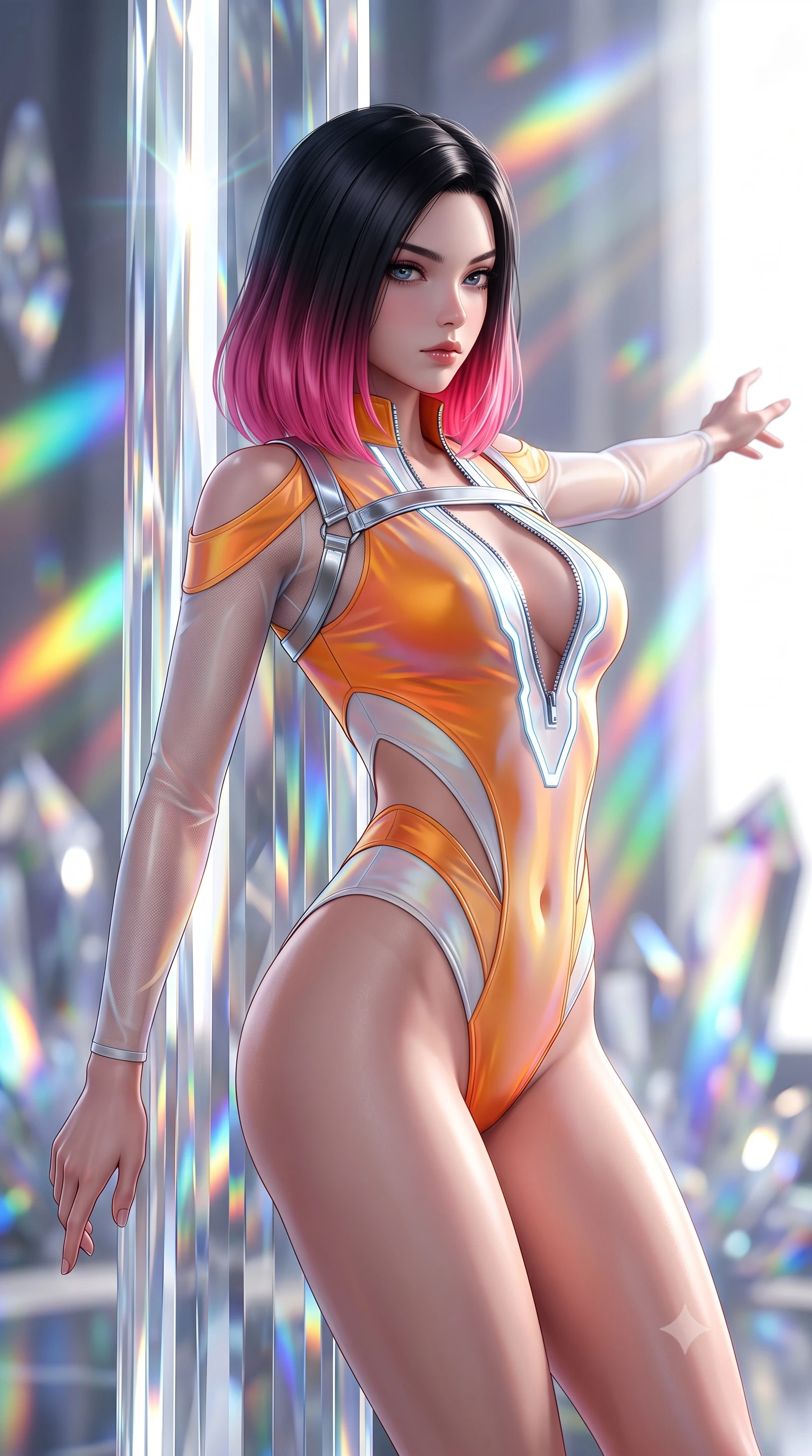 score_9, masterpiece, best quality, ultra-detailed, high-budget anime keyframe, semi-realistic 3D game render, editorial fashion photography, tasteful artistic composition, Korean woman. close-up cowboy shot from the waist and thighs up, the character dominates the composition, filling the frame with her large presence. extending one arm gracefully toward the light while her torso arches in a sleek, alluring curve with magnetic intensity while leaning against a towering optical crystal pillar with a haughty, smoldering gaze amidst pure white daylight. The composition keeps background elements in soft focus with creamy bokeh. vibrant rainbow spectrum light beams and crystal facets blurred into dazzling prismatic bokeh. She has an exceptionally elegant, slender, and willowy female figure with an ultra-slim waist, a gracefully sculpted slender torso, toned flat midriff, and a refined slim silhouette. sharp v-shaped jawline, high-bridge nose, intricate jewel-like eyes with depth, thick eyelashes, glossy lips with a natural sheen, flawlessly proportioned anatomical accuracy, strict slender model proportions, natural body alignment, perfectly sculpted long slender limbs, ultra-slim waistline, clean dynamic posture without body distortion. wearing an ultra-sleek high-cut tech-bodysuit featuring dangerous diagonal slitted cutouts on the midriff and shoulders, reinforced by a metallic silver harness and sheer mesh sleeves in vivid sunset amber orange and cloud white, made of smooth iridescent silk chiffon that shifts colors with movement, featuring a dangerously unzipped neckline framed by glowing cybernetic accents, the sleek second-skin cut tightly hugging her graceful clavicle, narrow waist, and feminine curves with athletic precision. illuminated by high-contrast specular reflections on crystal and polished surfaces. highly saturated vibrant anime colors, detailed shading with soft gradients, rich glossy textures, high-contrast stereoscopic depth, volumetric dynamic lighting, master piece, 9:16 ratio