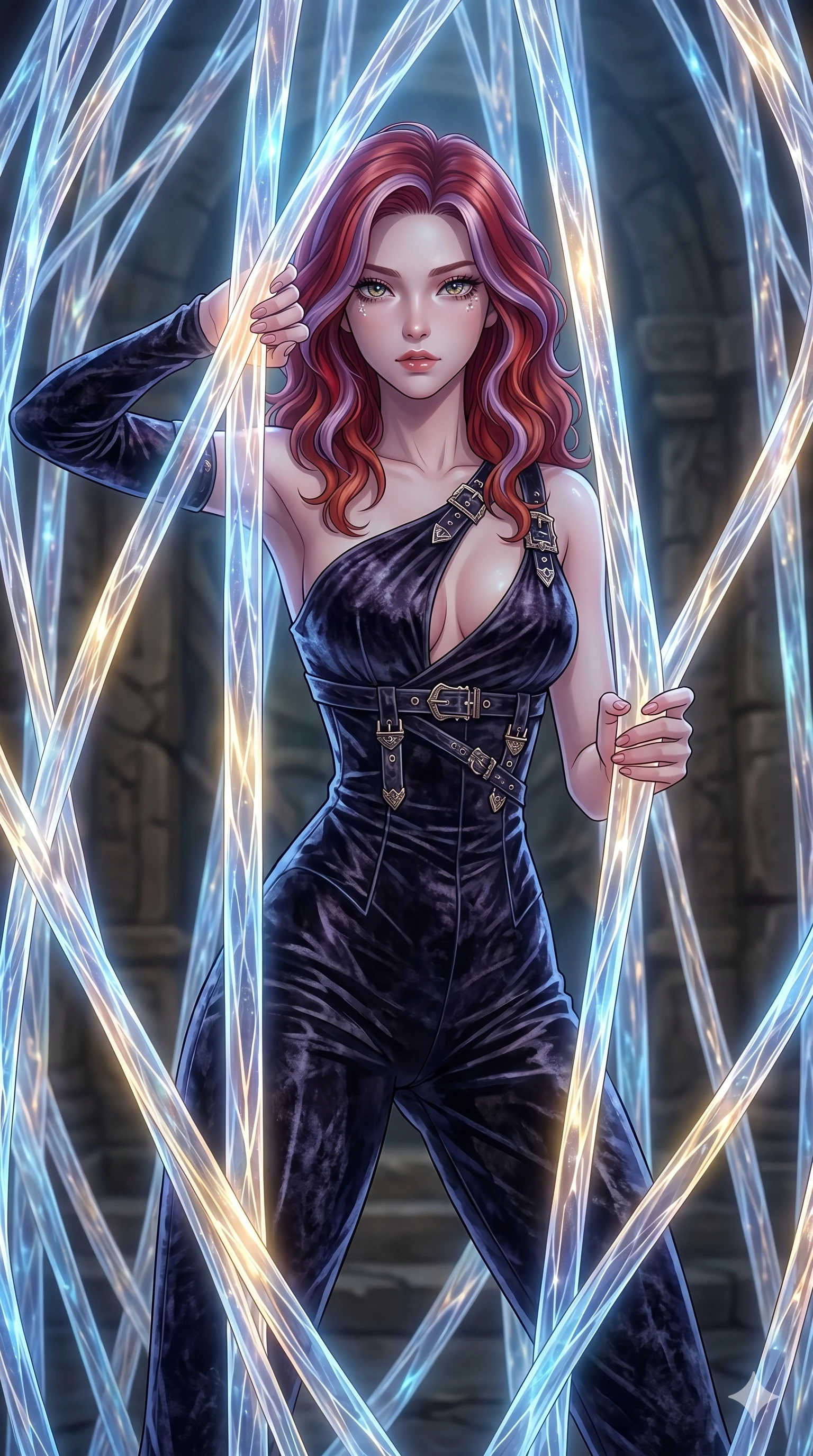 score_9, masterpiece, best quality, ultra-detailed, High-budget Anime Keyframe, East Asian woman. Dynamic full-body shot stretching the vertical silhouette to the limit. Scenario 92: Trapped in a cage of glowing crystalline fibers, body pressing against the bars. Her presence is magnetic and overpowering in this high-budget anime scene. Outfit 92: A crushed dark velvet second with a low-cut shoulder and metallic buckles. The clothing is designed to emphasize her exceptionally tall and slender 8-heads proportion. 8-heads proportion, towering silhouette, ultra-slim waist. sharp v-shaped jawline, intricate jewel-like eyes with depth, thick eyelashes, glossy lips. 2k, ultra detail, master piece, 9:16 ratio