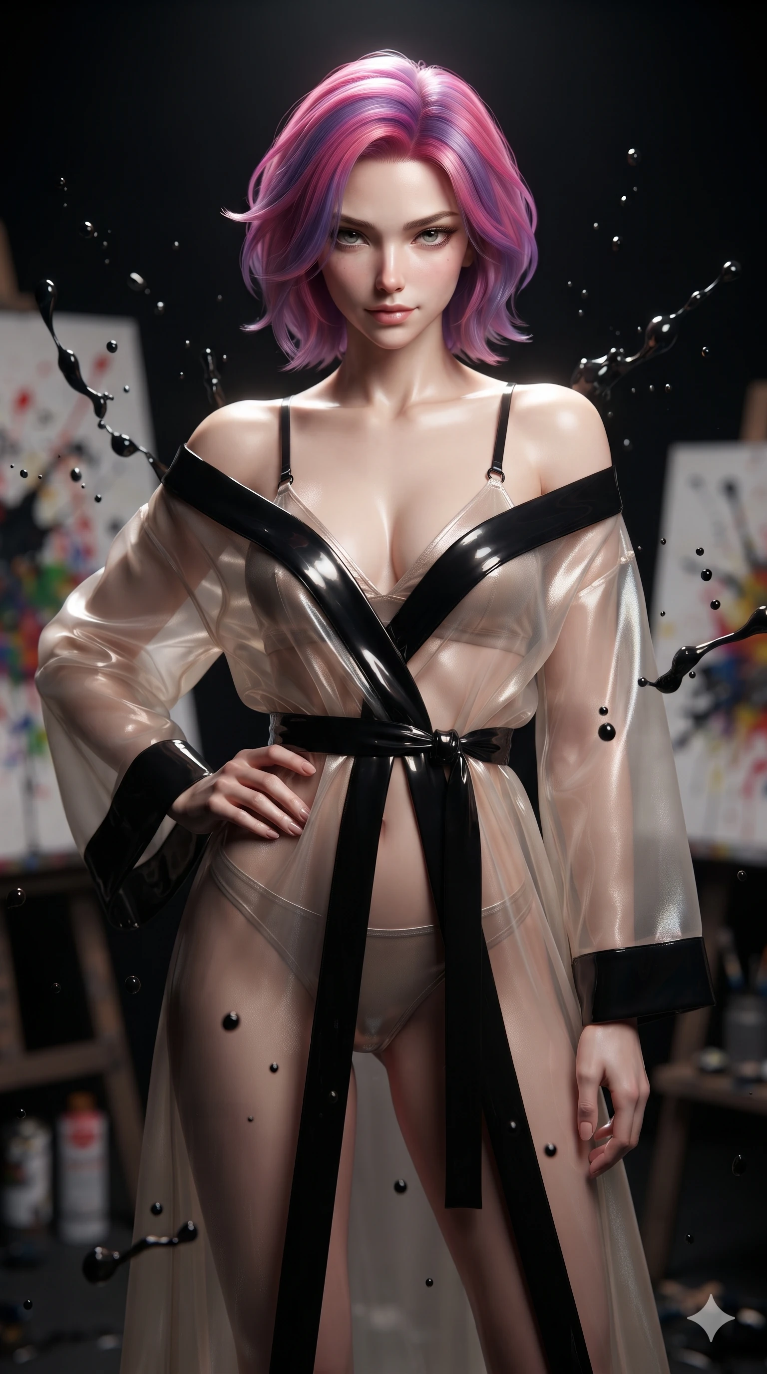 score_9, masterpiece, best quality, ultra-detailed, high-budget anime keyframe, editorial fashion photography, tasteful artistic composition, Caucasian woman. close-up cowboy shot from the waist and thighs up, the character dominates the composition, filling the frame with her large presence. holding a confident power pose with one hand on her hip, looking into the lens with smoldering intensity while glancing sidelong over her shoulder with a smoldering, enigmatic half-smile inside the pitch-black studio, dark liquid paint droplets suspended in mid-air. The background shows a soft-focus pitch-black art studio atmosphere softened in conceptual gallery shallow focus. She has an exceptionally elegant, slender, and willowy female figure with an ultra-slim waist, flat toned midriff, narrow ribcage, and sculpted feminine hips creating an alluring, slim hourglass silhouette without bulk. sharp v-shaped jawline, high-bridge nose, intricate jewel-like dark sparkling eyes with hypnotic seductive depth, thick curled eyelashes, glossy parted lips with a natural wine sheen, alluring bedroom-eyes with an enigmatic smoldering smile, exuding magnetic sovereign charisma and dark avant-garde glamour, flawlessly proportioned anatomical accuracy, strict slender model proportions, natural body alignment, perfectly sculpted long slender limbs, ultra-slim waistline, clean dynamic posture without body distortion. wearing a sheer gossamer organza evening kimono slipping off bare shoulders over a matching satin micro-bralette and briefs in celestial champagne ivory and high-gloss jet black, crafted from translucent iridescent mesh with a wet-look second-skin cling, adorned with minimalist black onyx hardware framing the silhouette, contouring every curve with an exceptionally elegant silhouette and captivating allure. lit by a single intense key ray accentuating liquid paint contours against pitch-black shadows. ultra-reflective glossy finish, specular highlights, metallic sheen, high-contrast stereoscopic depth, volumetric dynamic lighting, 2k, ultra detail, master piece, 9:16 ratio