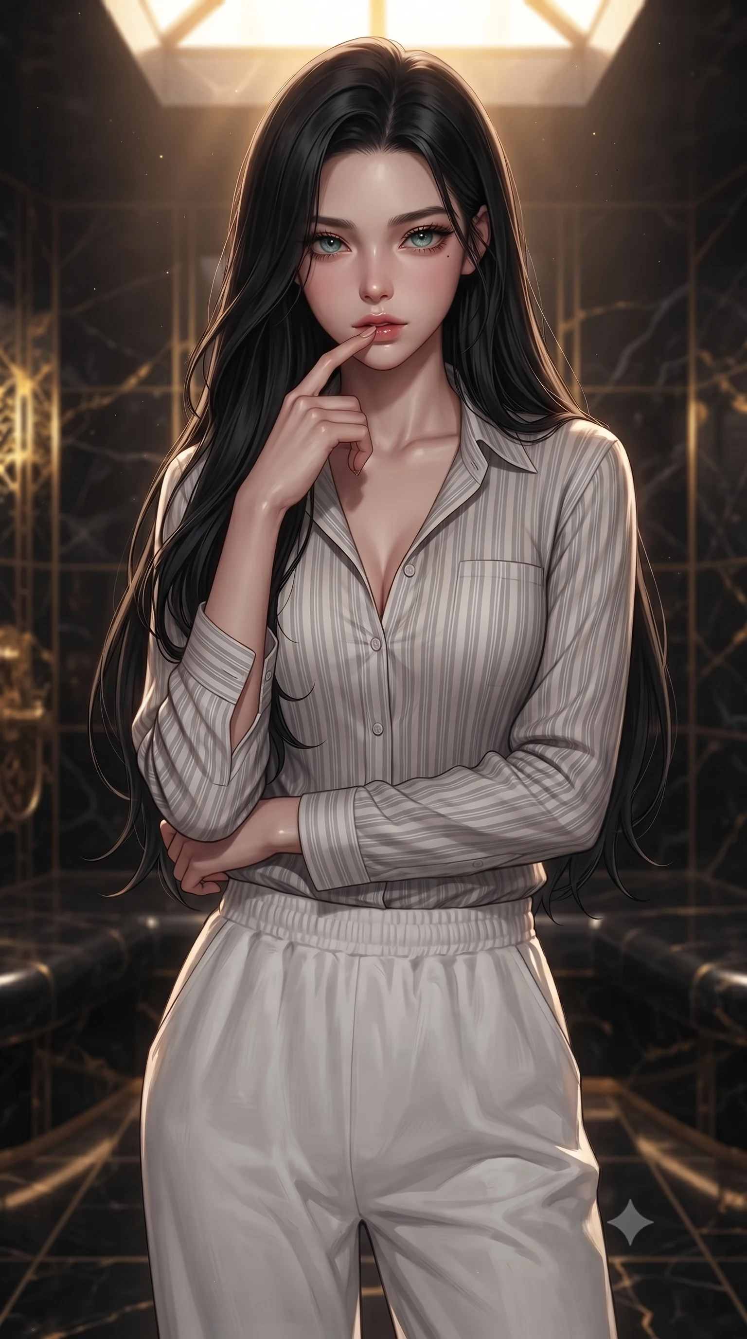 score_9, masterpiece, best quality, ultra-detailed, high-budget anime keyframe, editorial fashion photography, tasteful artistic composition, Korean woman woman. close-up cowboy shot from the waist and thighs up, the character dominates the composition, filling the frame with her large presence, background elements kept in soft focus. pressing one finger to her bottom lip in a thoughtful, seductive gesture under the warm sun the background shows a soft-focus a private steam room built of dark obsidian stone with gold accents. She has an exceptionally elegant, slender, and willowy female figure with an ultra-slim waist, a gracefully sculpted slender torso, and a refined silhouette. sharp v-shaped jawline, high-bridge nose, intricate jewel-like eyes with depth, thick eyelashes, glossy lips with a natural sheen. wearing a form-contouring soft striped linen button-down shirt paired with relaxed-fit white cotton lounge pants. dramatic chiaroscuro lighting focusing on her athletic, slender build. ultra-reflective glossy finish, specular highlights, metallic sheen, high-contrast stereoscopic depth, volumetric dynamic lighting, 2k, ultra detail, master piece, 9:16 ratio