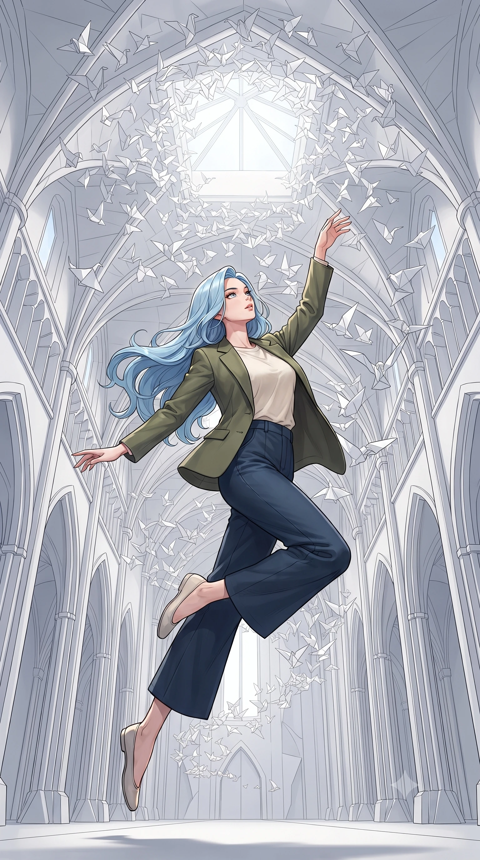 score_9, masterpiece, best quality, ultra-detailed, high-budget anime keyframe, gorgeous anime illustration, with clean line-art, distinct ink outlines, and high-contrast stereoscopic depth, Korean woman. low angle full-body shot from head to toe showing her feet, filling the entire 9:16 vertical frame with her statuesque presence, stretching her vertical silhouette. leaping gracefully through inside a cathedral constructed from white folded paper arches, where thousands of white origami birds float in a spiral vortex reaching toward a skylight. She has a statuesque 8.5-heads proportion, an exceptionally tall, slender and willowy model-like build with impossibly long legs and a highly sculpted ultra-slim waist. sharp v-shaped jawline, high-bridge nose, intricate jewel-like eyes with depth, thick eyelashes, glossy lips with a natural sheen. wearing a tailored olive green blazer over a cream cotton tee and dark blue wide-leg trousers. soft, diffused natural daylight streaming from the high skylight, creating a clean white atmosphere with soft shadows. 2k, ultra detail, master piece, 9:16 ratio, highly saturated vibrant anime colors, detailed cel-shading with soft gradients, rich glossy textures, deep contrast, volumetric dynamic lighting, 2d animation style