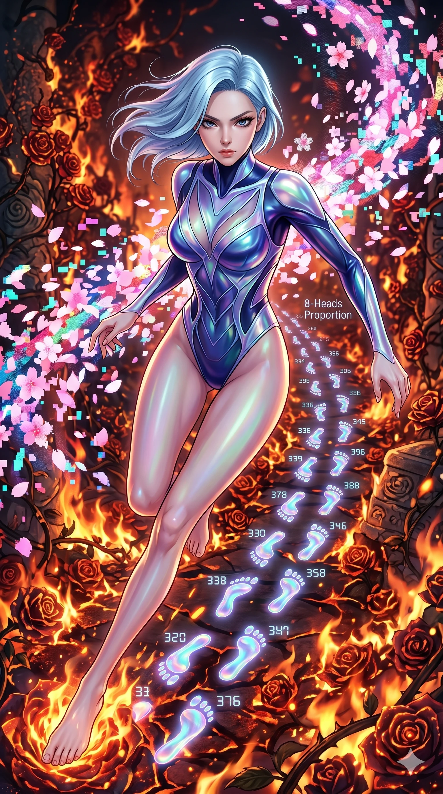 score_9, masterpiece, best quality, ultra-detailed, Set A: High-budget Anime Keyframe, Korean woman. Upper body close-up from the thighs up, character filling the screen for maximum presence. Sliding through a burning rose garden, as she leaves a trail of 38 glowing footprints and surrounded by digital sakura petals. She has an absolutely perfect 8-heads proportion, an exceptionally tall and slender female figure with impossibly long slender legs and an ultra-slim waist. Sharp v-shaped jawline, high-bridge nose, intricate jewel-like eyes with depth, thick eyelashes, glossy lips with a natural sheen. Wearing High-cut bodysuit made of liquid-crystal fabric that changes color with movement. Cinematic lighting, vibrant colors, dramatic shadows, 2k, ultra detail, master piece, 9:16 ratio