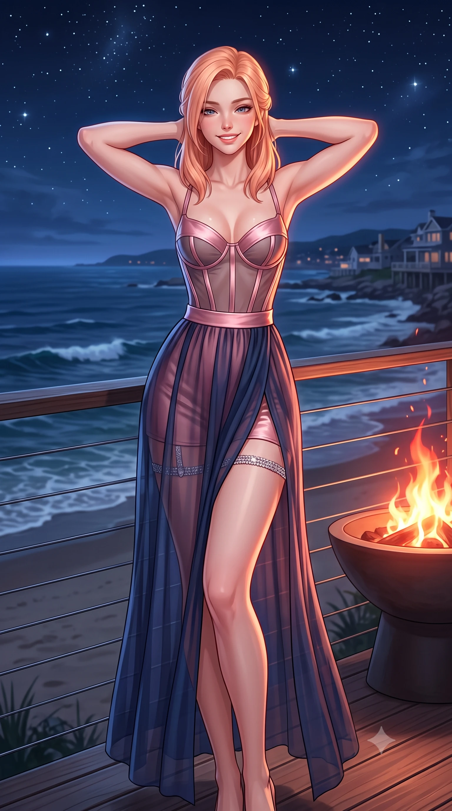 score_9, masterpiece, best quality, ultra-detailed, high-budget anime keyframe, semi-realistic 3D game render, editorial fashion photography, tasteful artistic composition, Japanese woman. close-up cowboy shot from the waist and thighs up, the character dominates the composition, filling the frame with her large presence. resting both hands lightly behind her neck with elbows raised, arching her spine to highlight her narrow waist, flat midriff, and breathtaking collarbones while leaning against the nautical wire balustrade with hips cocked back, looking out over rolling Atlantic swells with heavy-lidded bedroom-eyes. The surrounding environment is rendered in vivid detail and crisp panoramic clarity: detailed outfit silhouette, fabric cling or tailoring, and coastal architecture in high resolution. She has an exceptionally elegant, slender, and willowy female figure with an ultra-slim waist, flat toned midriff, narrow ribcage, and sculpted feminine hips creating an alluring, slim hourglass silhouette without bulk. sharp v-shaped jawline, high-bridge nose, intricate jewel-like sparkling eyes with depth, thick eyelashes, glossy parted lips with a natural peach sheen, bright cheerful beaming smile with an enchanting and coquettish sensual glint, exuding both youthful cute charm and seductive allure, flawlessly proportioned anatomical accuracy, strict slender model proportions, natural body alignment, perfectly sculpted long slender limbs, ultra-slim waistline, clean dynamic posture without body distortion. wearing a provocative translucent mesh corset bodice with boned satin channels paired with a sheer chiffon wrap maxi skirt in Brittany pink granite rose and deep Atlantic navy, woven from buttery-soft stretch lambskin leather adhering to her body like a second skin, finished with delicate crystal-encrusted thigh garter straps glinting in the dim light, the high-slit wrap tailoring accentuating her ultra-slim waistline and the enchanting curve of her feminine hips with alluring seductive charm. bathed in the warm radiant 2100K hearth glow of the outdoor fire bowl mixed with cool Atlantic starlight and moonlight. highly saturated vibrant anime colors, detailed shading with soft gradients, rich glossy textures, high-contrast stereoscopic depth, volumetric dynamic lighting, master piece, 9:16 ratio