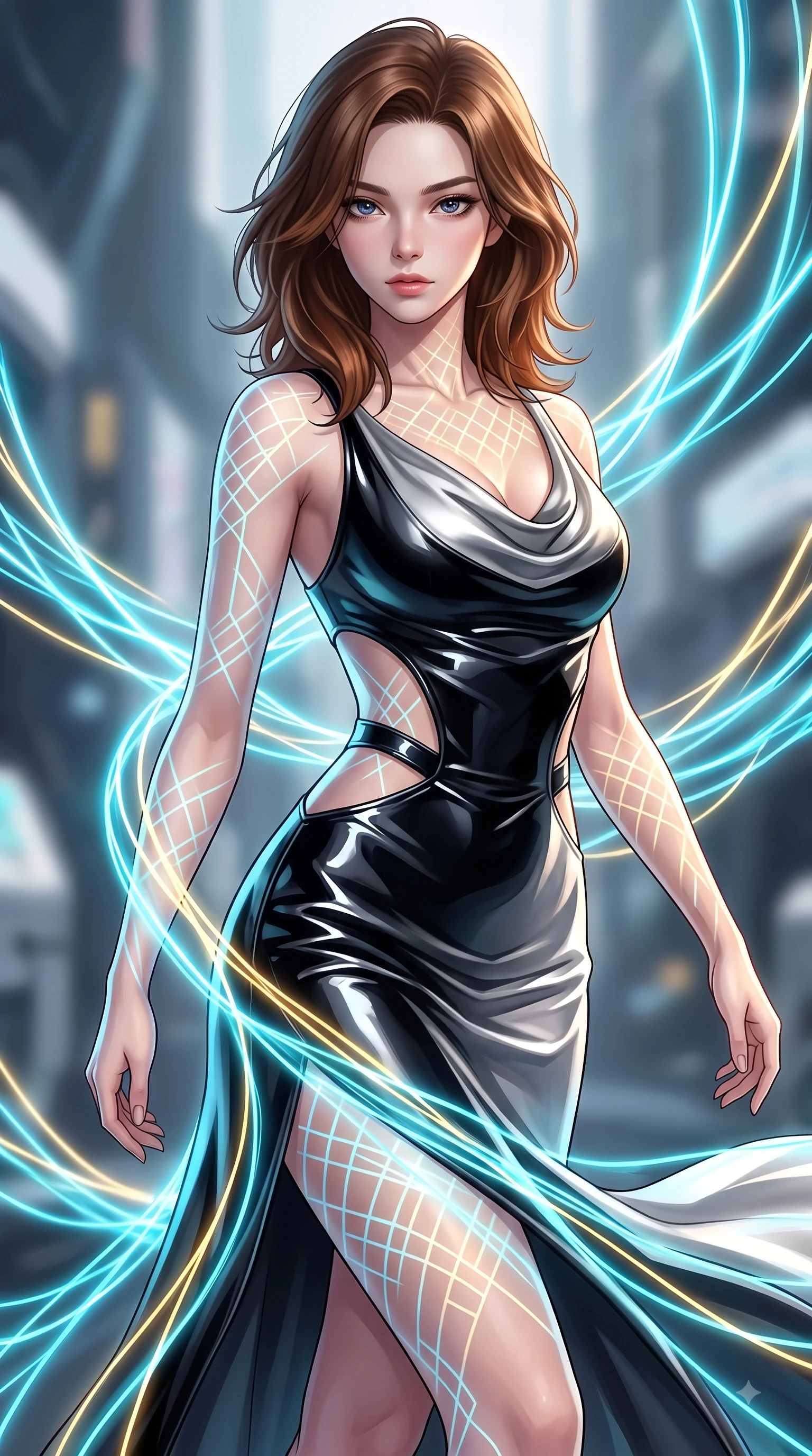 score_9, masterpiece, best quality, ultra-detailed, high-budget anime keyframe, editorial fashion photography, tasteful artistic composition, Korean woman. close-up cowboy shot from the waist and thighs up, the character dominates the composition, filling the frame with her large presence, background elements kept in soft focus. Gazing past the lens with smoldering intensity as her torso curves dynamically in mid-stride while weaving a shimmering dress of light threads that flow around her figure in zero-gravity, intricate geometric lattice patterns of light projected onto her skin and clothing. She has an exceptionally elegant, slender, and willowy female figure with an ultra-slim waist, a gracefully sculpted slender torso, and a refined silhouette. sharp v-shaped jawline, high-bridge nose, intricate jewel-like eyes with depth, thick eyelashes, glossy lips with a natural sheen, flawlessly proportioned anatomical accuracy, natural body alignment, perfectly sculpted elegant limbs, clean dynamic posture without body distortion. wearing an elegant cowl-neck satin midi dress with a graceful draped neckline in matte black and polished silver, tailored from high-gloss patent leather, featuring clean architectural cutouts along her slender torso, the elegant draped fit framing her graceful clavicle and slender torso. illuminated by the brilliant glow of cyan and gold luminescent plasma threads. highly saturated vibrant anime colors, detailed shading with soft gradients, rich glossy textures, high-contrast stereoscopic depth, volumetric dynamic lighting, master piece, 9:16 ratio