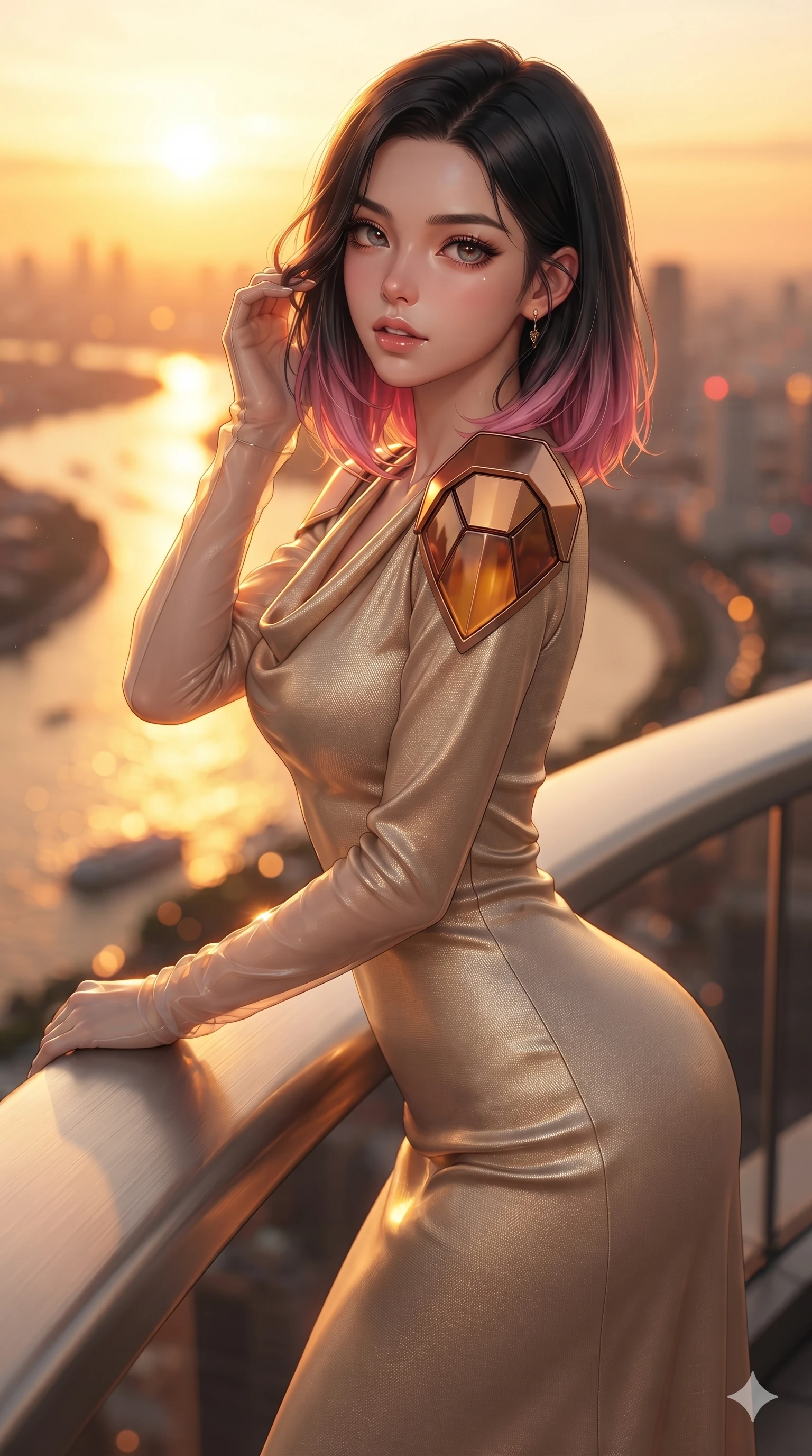 score_9, masterpiece, best quality, ultra-detailed, high-budget anime keyframe, editorial fashion photography, tasteful artistic composition, Korean woman. close-up cowboy shot from the waist and thighs up, the character dominates the composition, filling the frame with her large presence. gently brushing a lock of hair behind her ear while casting a playful, flirtatious side-gaze with long eyelashes while leaning against the aerodynamic helipad wind barrier with hips cocked back, gazing through the blazing golden hour sky with heavy-lidded seductive bedroom-eyes. The background shows a soft-focus blazing golden-amber sunset clouds, curved river waterways with glittering reflections, and sprawling city towers blurred into molten gold, crimson, and charcoal bokeh. She has an exceptionally elegant, slender, and willowy female figure with an ultra-slim waist, flat toned midriff, narrow ribcage, and sculpted feminine hips creating an alluring, slim hourglass silhouette without bulk. sharp v-shaped jawline, high-bridge nose, intricate jewel-like sparkling eyes with depth, thick eyelashes, glossy parted lips with a natural sheen, intensely captivating and seductive bedroom-eyes expression, exuding both youthful cute charm and sovereign luxury allure, flawlessly proportioned anatomical accuracy, strict slender model proportions, natural body alignment, perfectly sculpted long slender limbs, ultra-slim waistline, clean dynamic posture without body distortion. wearing a refined long-sleeve cowl-neck silk georgette diplomatic gown with structured geometric shoulder plates in rich copper bronze and warm amber, woven from high-density tech-wool with subtle metallic thread weave, complemented by sheer opera-length evening gloves tracing her slender arms, the bespoke structured tailoring following the natural line of her 8.5-heads silhouette with refined elegance. bathed in the blinding, warm 2200K golden-hour rays of the setting sun casting brilliant specular highlights along her silhouette. ultra-reflective glossy finish, specular highlights, rich textural contrasts, high-contrast stereoscopic depth, volumetric dynamic lighting, 2k, ultra detail, master piece, 9:16 ratio