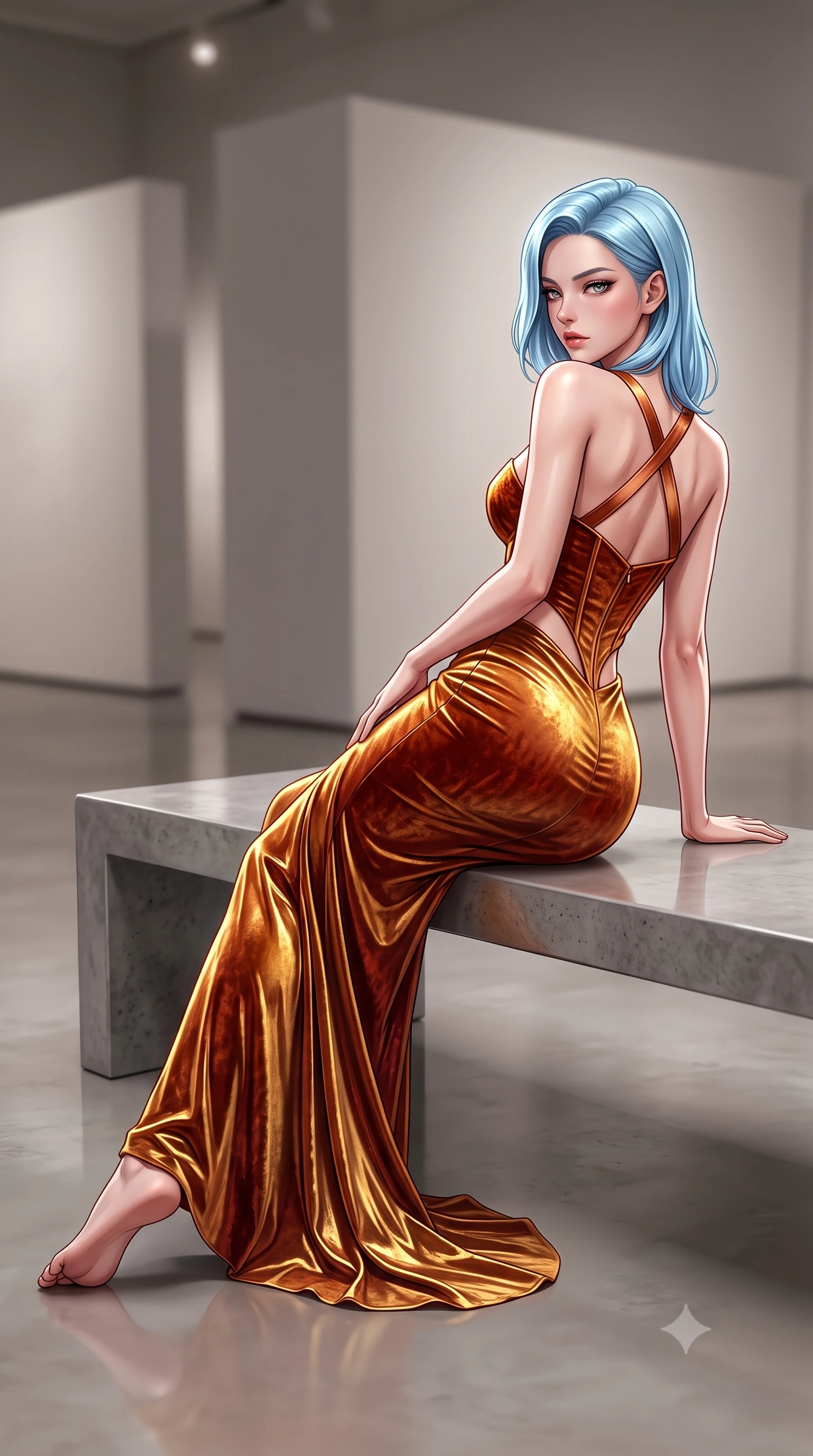 score_9, masterpiece, best quality, ultra-detailed, high-budget anime keyframe, semi-realistic 3D game render, editorial fashion photography, tasteful artistic composition, Korean woman. low angle full-body shot from head to toe showing her feet, filling the entire 9:16 vertical frame with her statuesque presence, stretching her vertical silhouette. posing with back turned slightly to the lens, glancing back with smoldering allure as she arches her lower back to emphasize her sculpted feminine hips and slender waist while reclining on a sleek polished concrete bench propped on one hand, long legs extended to accentuate her razor-sharp slender hips and flat midriff. The composition keeps background elements in soft focus with creamy bokeh. high-ceiling gallery partition walls and polished epoxy floors softened in artistic shallow focus. She has an exceptionally tall and slender model-like 8.5-heads proportion, an ultra-slim waist, a flat toned midriff, narrow delicate ribcage, and beautifully sculpted feminine hips creating a graceful, slim hourglass silhouette without any bulky heaviness, with impossibly long slender legs. sharp v-shaped jawline, high-bridge nose, intricate jewel-like eyes with depth, thick eyelashes, glossy parted lips with a natural sheen, intensely captivating and seductive bedroom-eyes expression, flawlessly proportioned anatomical accuracy, strict slender model proportions, natural body alignment, perfectly sculpted long slender limbs, ultra-slim waistline, clean dynamic posture without body distortion. wearing a deep sweetheart neckline crushed velvet corseted ballgown with an exposed midriff cutout in molten desert gold and burnt terracotta, crafted from luxurious metallic lamé that shifts radiance with every step, finished with criss-cross back satin straps highlighting her graceful shoulder blades, the glove-like aerodynamic silhouette tightly following the natural contour of her hips and long slender legs with statuesque 8.5-heads elegance. illuminated by sharp linear edge highlights defining her sculpted collarbones, ultra-slim waist, and curvy hips. highly saturated vibrant anime colors, detailed shading with soft gradients, rich glossy textures, high-contrast stereoscopic depth, volumetric dynamic lighting, master piece, 9:16 ratio