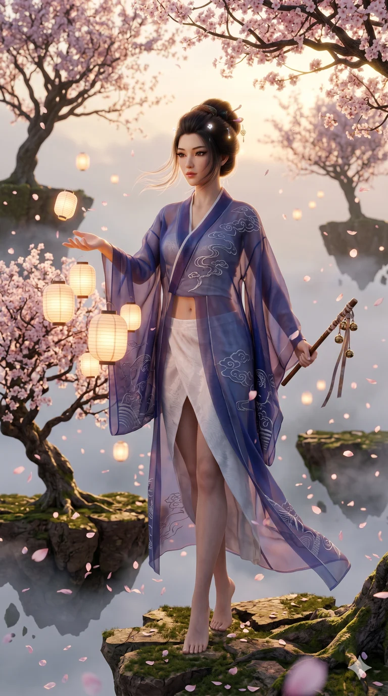 score_9, masterpiece, best quality, ultra-detailed, photorealistic 8k CG render, an incredibly beautiful Japanese woman. Full-body shot stretching the vertical silhouette, dominating the 9:16 frame. She is a spirit warden guiding glowing paper lanterns through a floating cherry blossom forest. She possesses a statuesque height and a towering silhouette, highlighting her long slender legs and perfect 8-heads proportion. Her face is a flawless masterpiece with a sharp v-shaped jawline, high-bridge nose, expressive jewel-like eyes, thick eyelashes, and perfectly glossy lips. She is wearing a translucent silk kimono unzipped deeply, showing an exposed midriff and long slender legs. A mystical forest with cherry blossoms falling in zero gravity, soft golden hour sunlight, 2k, ultra detail, master piece, 9:16 ratio