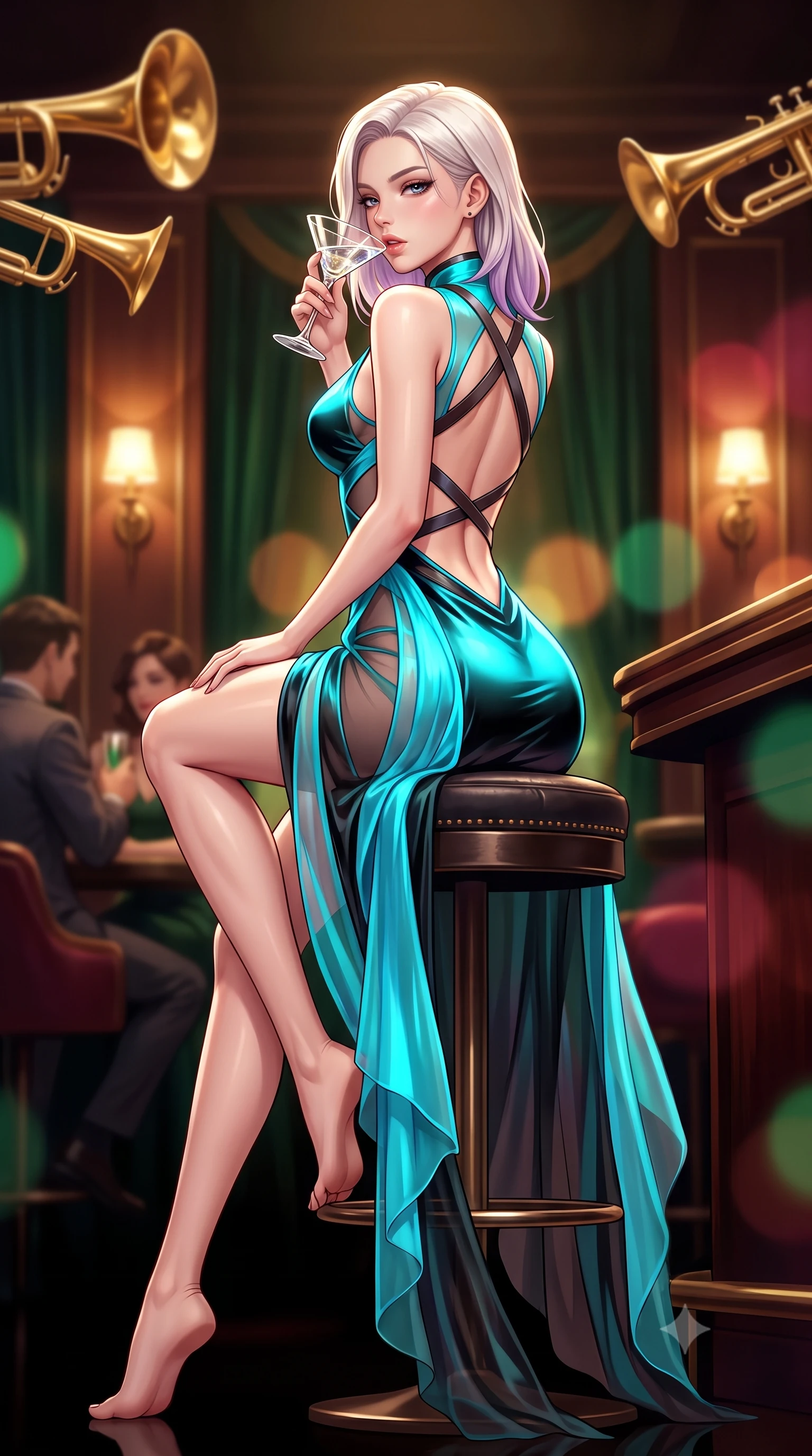 score_9, masterpiece, best quality, ultra-detailed, high-budget anime keyframe, semi-realistic 3D game render, editorial fashion photography, tasteful artistic composition, Caucasian woman. low angle full-body shot from head to toe showing her feet, filling the entire 9:16 vertical frame with her statuesque presence, stretching her vertical silhouette. posing with back turned slightly to the lens, glancing back with smoldering allure as she arches her lower back to emphasize her sculpted feminine hips and slender waist while sitting high on a dark leather circular barstool with legs crossed, arching her lower back while holding a crystal cocktail glass to her parted lips. The composition keeps background elements in soft focus with creamy bokeh. golden jazz trumpet bells and glowing wall sconces blurred into warm whiskey-gold, deep emerald, and burgundy bokeh. She has an exceptionally tall and slender model-like 8.5-heads proportion, an ultra-slim waist, a flat toned midriff, narrow delicate ribcage, and beautifully sculpted feminine hips creating a graceful, slim hourglass silhouette without any bulky heaviness, with impossibly long slender legs. sharp v-shaped jawline, high-bridge nose, intricate jewel-like eyes with depth, thick eyelashes, glossy parted lips with a natural sheen, intensely captivating and seductive bedroom-eyes expression, flawlessly proportioned anatomical accuracy, strict slender model proportions, natural body alignment, perfectly sculpted long slender limbs, ultra-slim waistline, clean dynamic posture without body distortion. wearing a wet-look silk fusion wrap dress with asymmetrical sheer mesh cutouts and high Mandarin collar in neon electric cyan and lacquer black, woven from layered gossamer chiffon with a weightless sweeping drape, featuring an open-back criss-cross harness strap in dark leather, the second-skin form-contouring cut accentuating her sculpted flat midriff, narrow delicate ribcage, and gracefully curvy hips with supermodel precision. surrounded by a sultry, scandalous, and irresistibly intoxicating jazz-age siren aura. highly saturated vibrant anime colors, detailed shading with soft gradients, rich glossy textures, high-contrast stereoscopic depth, volumetric dynamic lighting, master piece, 9:16 ratio