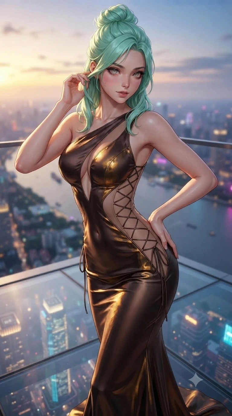 score_9, masterpiece, best quality, ultra-detailed, high-budget anime keyframe, editorial fashion photography, tasteful artistic composition, Japanese woman. close-up cowboy shot from the waist and thighs up, the character dominates the composition, filling the frame with her large presence. gently brushing a lock of hair behind her ear while casting a playful, flirtatious side-gaze with long eyelashes while twisting her slender torso in an alluring contrapposto stance, shimmering city light reflections tracing her narrow waist and curvy hips through the transparent floor. The background shows a soft-focus high-altitude evening river mist softened in cantilevered sky-terrace shallow focus. She has an exceptionally elegant, slender, and willowy female figure with an ultra-slim waist, flat toned midriff, narrow ribcage, and sculpted feminine hips creating an alluring, slim hourglass silhouette without bulk. sharp v-shaped jawline, high-bridge nose, intricate jewel-like sparkling eyes with depth, thick eyelashes, glossy parted lips with a natural sheen, intensely captivating and seductive bedroom-eyes expression, exuding both youthful cute charm and sovereign luxury allure, flawlessly proportioned anatomical accuracy, strict slender model proportions, natural body alignment, perfectly sculpted long slender limbs, ultra-slim waistline, clean dynamic posture without body distortion. wearing a sculptured liquid-satin mermaid gown with an architectural open-waist cutout and bare spine in dark espresso brown and molten gold foil, featuring strategic sheer-illusion tulle side panels framing her ribcage and hips, featuring fine criss-cross lace-up side ties revealing tantalizing glimpses of her hip curve, the precision-cut side openings and low-back scoop framing her graceful spine and the sensual sweep of her slim, toned hips. bathed in the dramatic dual twilight lighting: warm golden sunset rays from the heritage west and cool vibrant neon from the futuristic east. ultra-reflective glossy finish, specular highlights, rich textural contrasts, high-contrast stereoscopic depth, volumetric dynamic lighting, 2k, ultra detail, master piece, 9:16 ratio