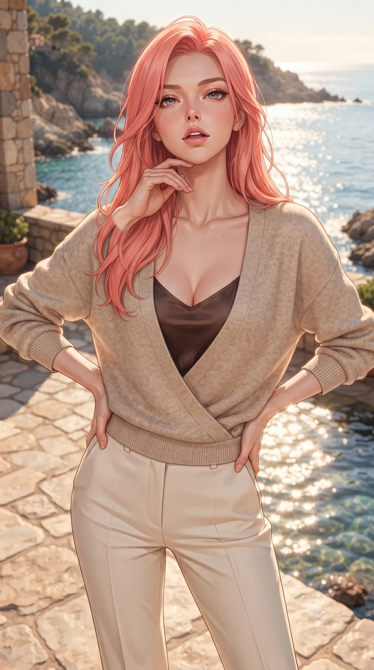 score_9, masterpiece, best quality, ultra-detailed, high-budget anime keyframe, editorial fashion photography, tasteful artistic composition, Japanese woman woman. close-up cowboy shot from the waist and thighs up, the character dominates the composition, filling the frame with her large presence, background elements kept in soft focus. tilting her chin up slightly with lips parted in a composed, provocative expression the background shows a soft-focus a stone terrace of a coastal villa overlooking a rocky bay with clear blue water. She has an exceptionally elegant, slender, and willowy female figure with an ultra-slim waist, a gracefully sculpted slender torso, and a refined silhouette. sharp v-shaped jawline, high-bridge nose, intricate jewel-like eyes with depth, thick eyelashes, glossy lips with a natural sheen. wearing a form-contouring comfortable cashmere wrap cardigan in oatmeal color, over a dark brown silk camisole and tailored cream trousers. warm afternoon sunbeams reflecting off the ocean surface onto the terrace. ultra-reflective glossy finish, specular highlights, metallic sheen, high-contrast stereoscopic depth, volumetric dynamic lighting, 2k, ultra detail, master piece, 9:16 ratio