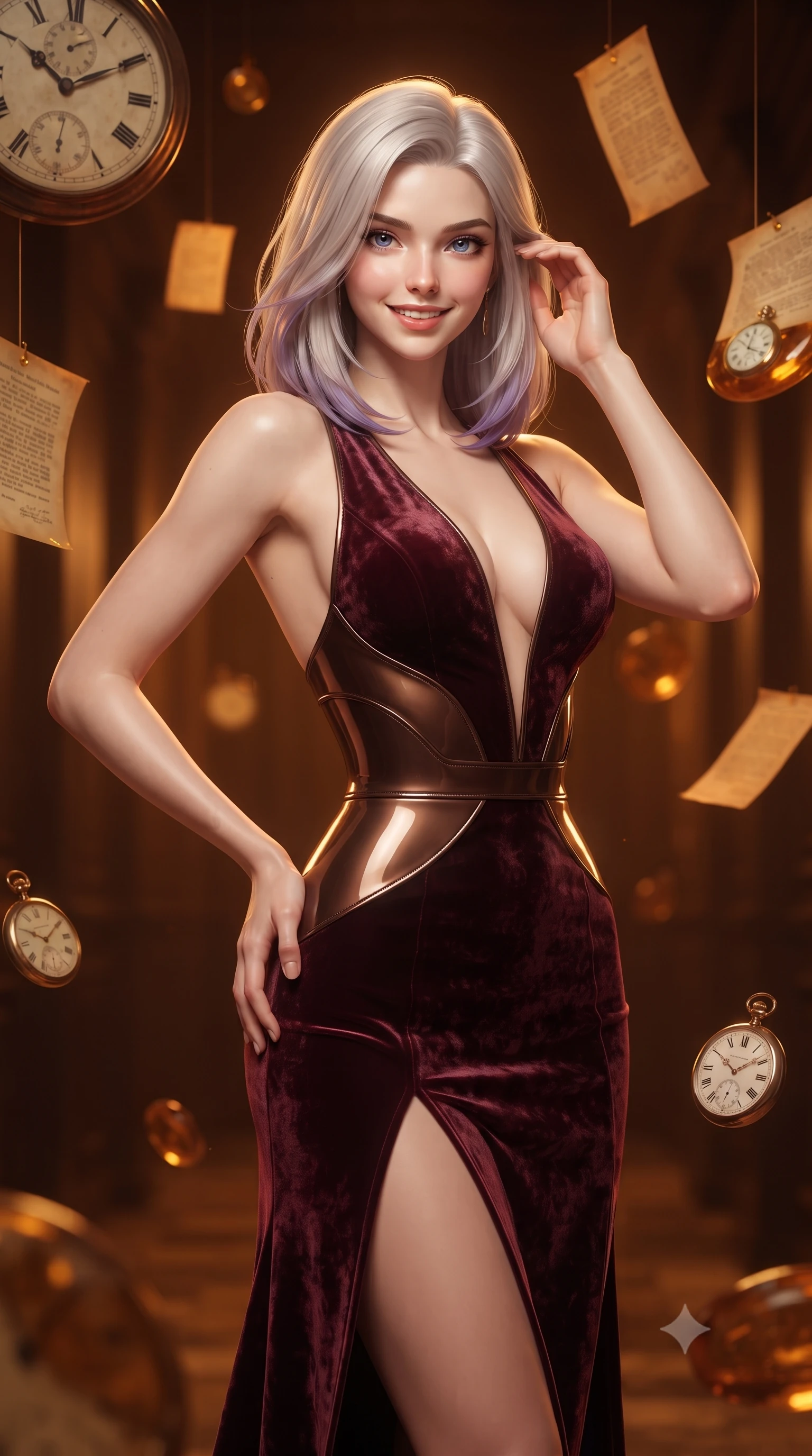 score_9, masterpiece, best quality, ultra-detailed, high-budget anime keyframe, editorial fashion photography, tasteful artistic composition, Caucasian woman. close-up cowboy shot from the waist and thighs up, the character dominates the composition, filling the frame with her large presence, background elements kept in soft focus. Smiling with quiet, magnetic self-assurance directly into the lens standing in a corridor where antique clock dials and historical parchments float in amber light, suspended paper documents and pocket watches frozen mid-air in amber resin light. She has an exceptionally elegant, slender, and willowy female figure with an ultra-slim waist, a gracefully sculpted slender torso, and a refined silhouette. sharp v-shaped jawline, high-bridge nose, intricate jewel-like eyes with depth, thick eyelashes, glossy lips with a natural sheen. wearing a backless crushed velvet gown with a deep V-neckline and high thigh slit in deep burgundy and bronze, tailored from high-gloss patent leather, featuring clean architectural cutouts along her slender torso, the sleek second-skin texture accentuating her magnetic presence. surrounded by a mysterious, timeless atmosphere with deep warm gradients. ultra-reflective glossy finish, specular highlights, metallic sheen, high-contrast stereoscopic depth, volumetric dynamic lighting, 2k, ultra detail, master piece, 9:16 ratio