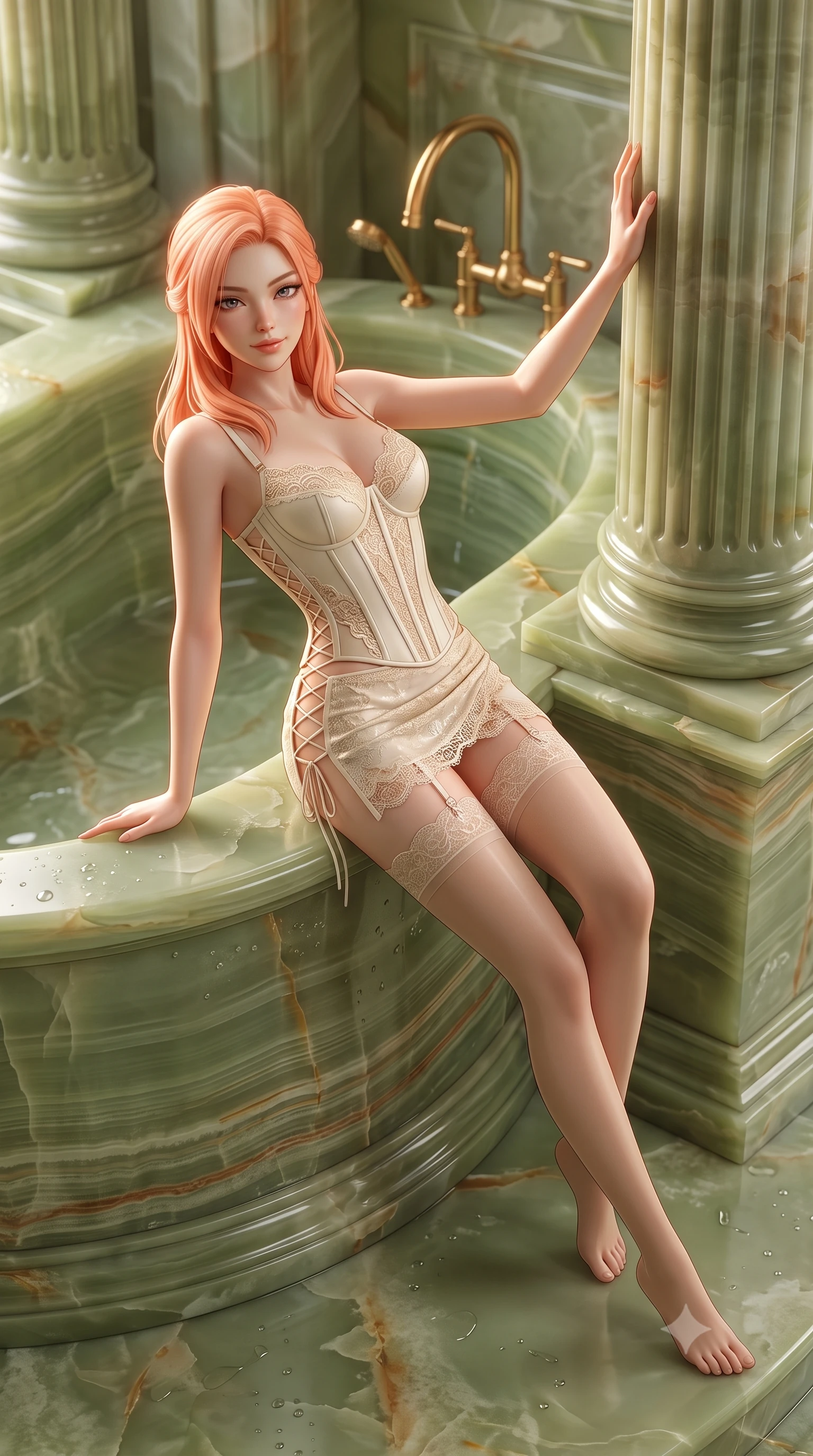 score_9, masterpiece, best quality, ultra-detailed, high-budget anime keyframe, semi-realistic 3D game render, editorial fashion photography, tasteful artistic composition, Japanese woman. low angle full-body shot from head to toe showing her feet, filling the entire 9:16 vertical frame with her statuesque presence, stretching her vertical silhouette. standing tall beside the architectural column, one hand resting high while arching her lower back to emphasize her sculpted feminine hips and slender waist while reclining inside the monumental sunken green onyx soaking tub, arching her spine with seductive indulgence against the warm polished stone rim. The surrounding environment is rendered in vivid detail and crisp panoramic clarity: sharp translucent banding in green onyx stone, polished brass gooseneck bath fixtures, and water droplets on stone in deep focus. She has an absolutely perfect, statuesque 8.5-heads proportion, an exceptionally tall and slender model-like female figure with impossibly long slender legs, an ultra-slim waist, a flat toned midriff, narrow delicate ribcage, and beautifully sculpted feminine hips creating a graceful, slim hourglass silhouette without any bulky heaviness. sharp v-shaped jawline, high-bridge nose, sparkling eyes with hypnotic seductive depth, thick curled eyelashes, glossy parted lips with a natural dewy peach sheen, alluring bedroom-eyes with an enchanting coquettish smile, exuding magnetic siren charisma and sophisticated glamour, flawlessly proportioned anatomical accuracy, strict slender model proportions, natural body alignment, perfectly sculpted long slender limbs, ultra-slim waistline, clean dynamic posture without body distortion. wearing a structured boned leatherette corset bodice paired with an ultra-short micro-wrap mini skirt and sheer thigh-high stockings in Austrian royal ivory and champagne lace, made of delicate semi-sheer French Chantilly lace with intricate eyelash edges, featuring fine criss-cross lace-up side ties revealing tantalizing glimpses of her hip curve, the form-contouring silhouette accentuating her sculpted flat midriff, narrow delicate ribcage, and gracefully curvy hips with intoxicating allure. illuminated by polished stone reflection fill and sharp champagne-gold rim lights sculpting her jawline, narrow waist, and curvy hips. highly saturated vibrant anime colors, detailed shading with soft gradients, rich glossy textures, high-contrast stereoscopic depth, volumetric dynamic lighting, master piece, 9:16 ratio