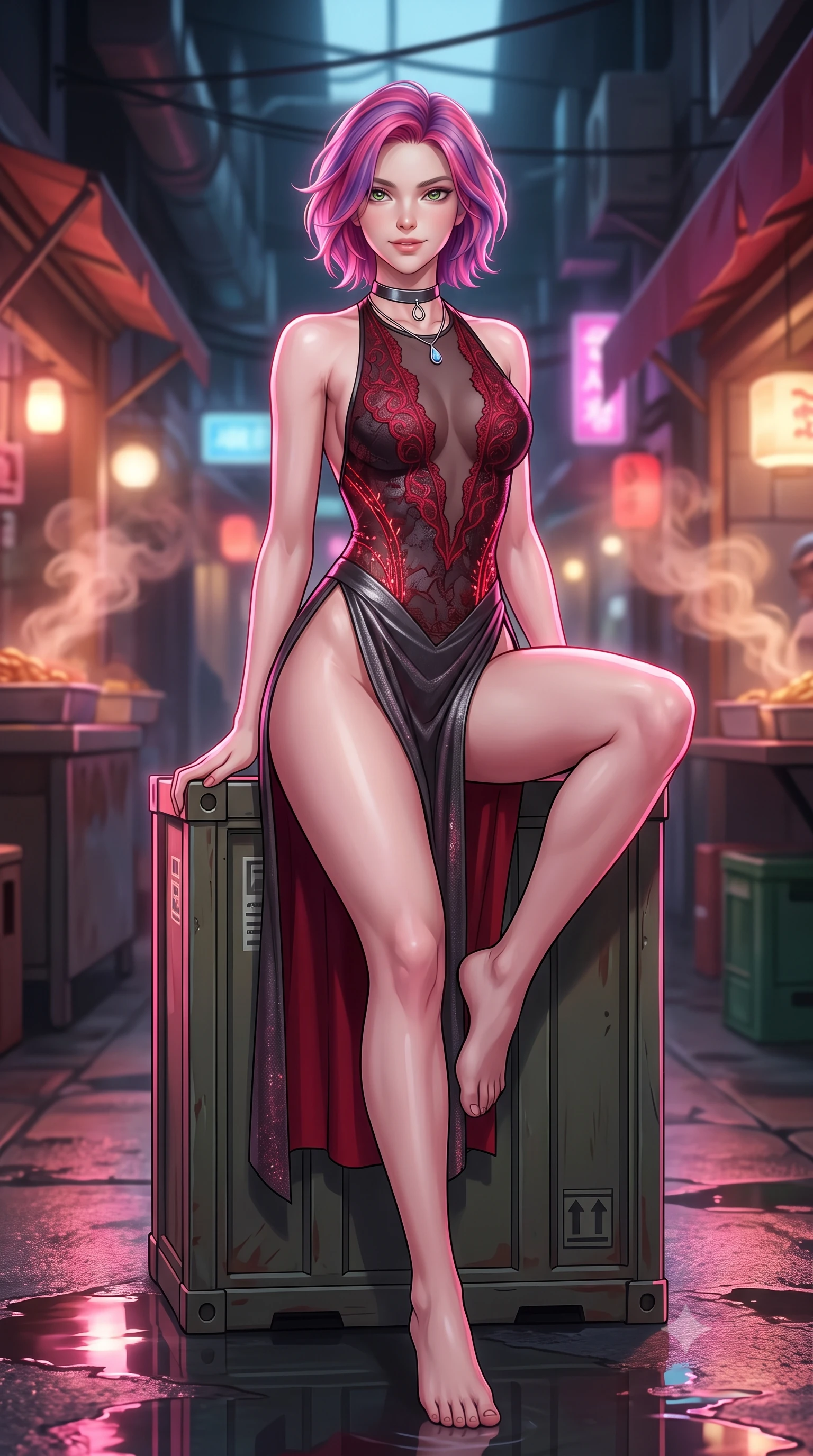 score_9, masterpiece, best quality, ultra-detailed, high-budget anime keyframe, semi-realistic 3D game render, editorial fashion photography, tasteful artistic composition, Caucasian woman. close-up cowboy shot from the waist and thighs up, the character dominates the composition, filling the frame with her large presence. turning slowly with an enchanting smoldering smile, her glossy hair tossing in the breeze as her hips angle gracefully in a captivating contrapposto while sitting poised on the elevated industrial cargo crate with one knee bent, arching her back with playful warrior flair and parted glossy lips. The background shows a soft-focus swirling aromatic food steam softened in subterranean market alley shallow focus. She has an exceptionally elegant, slender, and willowy female figure with an ultra-slim waist, flat toned midriff, narrow ribcage, and sculpted feminine hips creating an alluring, slim hourglass silhouette without bulk. sharp v-shaped jawline, high-bridge nose, intricate jewel-like sparkling eyes with depth, thick eyelashes, glossy parted lips with a natural peach sheen, bright cheerful beaming smile with an enchanting and coquettish sensual glint, exuding both youthful cute charm and seductive allure, flawlessly proportioned anatomical accuracy, strict slender model proportions, natural body alignment, perfectly sculpted long slender limbs, ultra-slim waistline, clean dynamic posture without body distortion. wearing an alluring backless sheer lace combat leotard with high-cut leg openings and delicate fiber-optic embroidery framing her spine in deep crimson hazard red and matte dark titanium, woven from stretch metallic lurex jersey casting radiant starlight glints across her curves, finished with a minimalist chrome choker and a single teardrop diamond pendant, the high-slit wrap tailoring accentuating her ultra-slim waistline and the enchanting curve of her feminine hips with alluring seductive charm. illuminated by puddle reflection bounce and sharp neon-pink rim lights sculpting her jawline, narrow waist, and curvy hips. highly saturated vibrant anime colors, detailed shading with soft gradients, rich glossy textures, high-contrast stereoscopic depth, volumetric dynamic lighting, master piece, 9:16 ratio