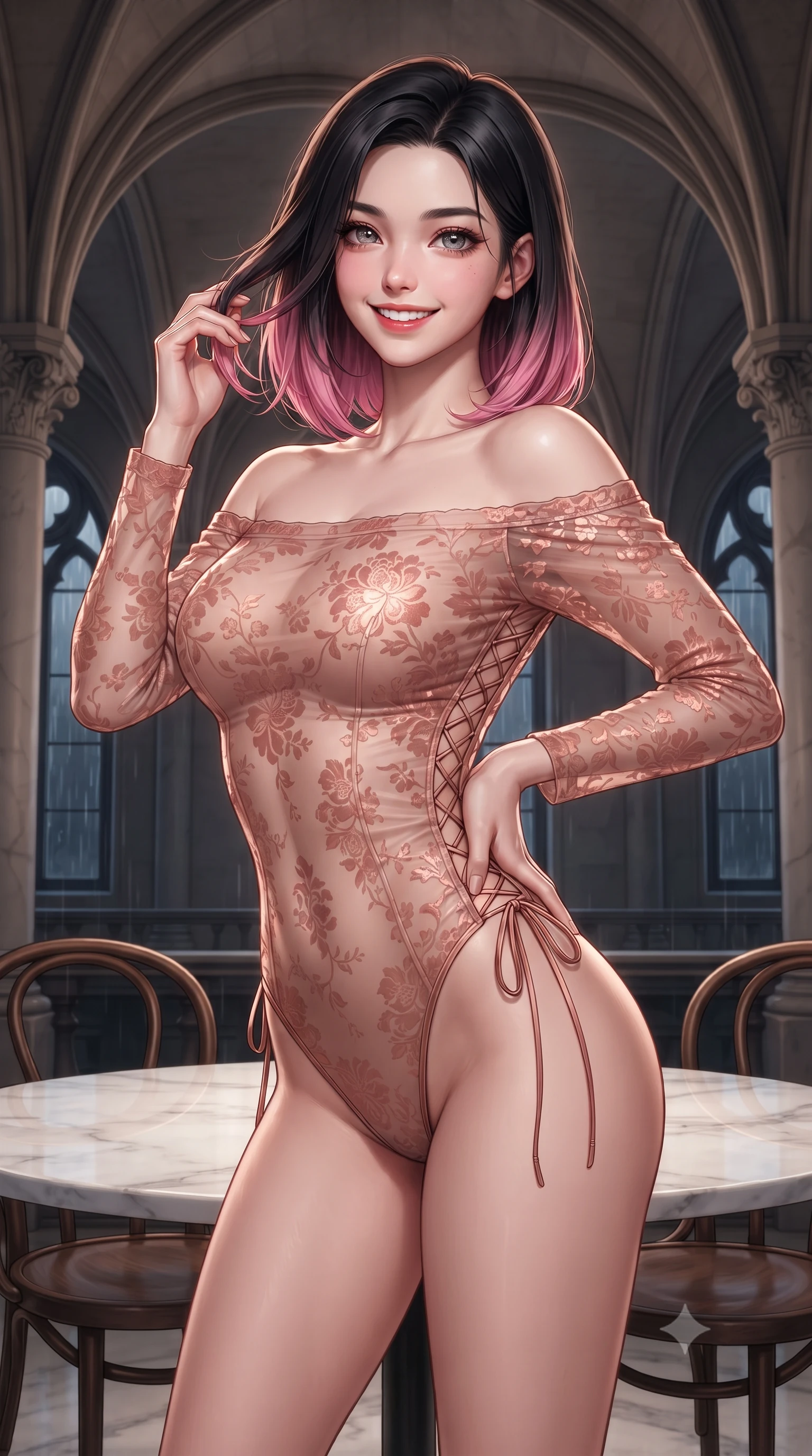score_9, masterpiece, best quality, ultra-detailed, high-budget anime keyframe, editorial fashion photography, tasteful artistic composition, Korean woman. close-up cowboy shot from the waist and thighs up, the character dominates the composition, filling the frame with her large presence. twisting her slender torso in an alluring contrapposto stance, one hand resting on her sculpted hip while her fingers toy with her hair with effortless poise while standing poised beneath the soaring neo-Renaissance ribbed groin vaults, arching her lower back with sultry elegance as midnight rain taps against arched windows. The surrounding environment is rendered in vivid detail and crisp panoramic clarity: sharp carved stone vault corbels, polished white marble tabletop grain, and classic bentwood Thonet chair joints in deep focus. She has an exceptionally elegant, slender, and willowy female figure with an ultra-slim waist, flat toned midriff, narrow ribcage, and sculpted feminine hips creating an alluring, slim hourglass silhouette without bulk. sharp v-shaped jawline, high-bridge nose, intricate jewel-like sparkling eyes with depth, thick eyelashes, glossy parted lips with a natural peach sheen, bright cheerful beaming smile with an enchanting and coquettish sensual glint, exuding both youthful cute charm and seductive allure, flawlessly proportioned anatomical accuracy, strict slender model proportions, natural body alignment, perfectly sculpted long slender limbs, ultra-slim waistline, clean dynamic posture without body distortion. wearing an off-the-shoulder sheer-illusion mesh bodysuit with strategic floral flocking and high-cut leg openings in Grasse centifolia rose petal blush and burnished copper, crafted from fluid liquid silk satin that clings smoothly to her narrow waist and rounded hips with a dewy sheen, featuring fine criss-cross lace-up side ties revealing tantalizing glimpses of her hip curve, the bespoke structured tailoring following the natural line of her 8.5-heads silhouette with refined elegance. illuminated by polished marble reflection fill and sharp copper-gold rim lights defining her razor-sharp jawline, narrow waist, and curvy hips. ultra-reflective glossy finish, specular highlights, rich textural contrasts, high-contrast stereoscopic depth, volumetric dynamic lighting, 2k, ultra detail, master piece, 9:16 ratio