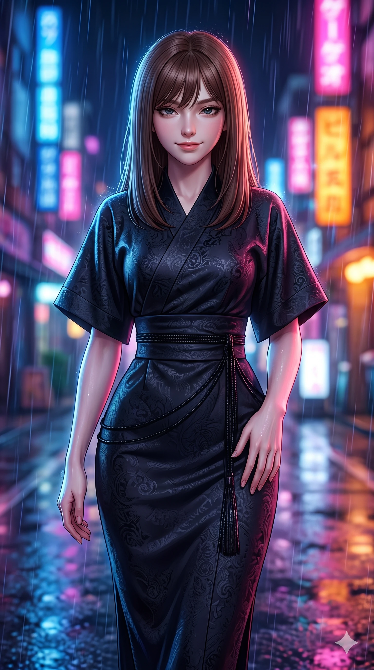score_9, masterpiece, best quality, ultra-detailed, high-budget anime keyframe, semi-realistic 3D game render, editorial fashion photography, tasteful artistic composition, Korean woman. close-up cowboy shot from the waist and thighs up, the character dominates the composition, filling the frame with her large presence. tilting her head with a teasing half-smile, running one hand slowly down the side of her hip in a flirtatious S-curve as ambient neon caresses her silhouette while stepping forward into the rain-streaked neon light, head tilted slightly as her smoldering gaze captivates the lens. The background shows a soft-focus bustling rainy Tokyo night streetscape softened in metropolitan shallow focus. She has an exceptionally elegant, slender, and willowy female figure with an ultra-slim waist, flat toned midriff, narrow ribcage, and sculpted feminine hips creating an alluring, slim hourglass silhouette without bulk. sharp v-shaped jawline, high-bridge nose, intricate jewel-like dark sparkling eyes with dangerous depth, thick curled eyelashes, glossy parted lips with a rich wine sheen, smoldering seductive half-smile with bedroom-eyes, exuding effortless superiority and intoxicating dark allure, flawlessly proportioned anatomical accuracy, strict slender model proportions, natural body alignment, perfectly sculpted long slender limbs, ultra-slim waistline, clean dynamic posture without body distortion. wearing a tailored minimalist kimono-sleeve silk crepe midi dress with structured obi-inspired belt in cobalt blue floodlights and warm golden promenade streetlights, tailored from rich silk jacquard with subtle embossed baroque patterns, accented with fine jet-black beaded tassels that sway with each movement, the impeccably tailored cut draping gracefully along her slender figure with aristocratic noir poise. bathed in multi-colored cybernetic neon floods shifting between cobalt blue, hot pink, and radiant amber. highly saturated vibrant anime colors, detailed shading with soft gradients, rich glossy textures, high-contrast stereoscopic depth, volumetric dynamic lighting, master piece, 9:16 ratio