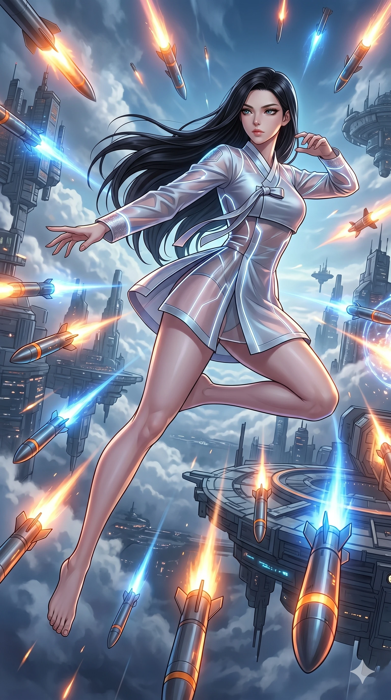 score_9, masterpiece, best quality, ultra-detailed, high-budget anime movie keyframe, cinematic anime lighting, intricate line art, Japanese woman. Low angle cowboy shot capturing a powerful motion and statuesque presence. dodging a barrage of glowing missiles while soaring through a cloud city. She has an absolutely perfect 8-heads proportion, an exceptionally tall and slender female figure with an ultra-slim waist and impossibly long slender legs. strictly human anatomy, two legs only, no extra limbs, clearly defined legs and arms, perfect anatomy, perfect hands and fingers. sharp v-shaped jawline, high-bridge nose, intricate jewel-like eyes, thick eyelashes, glossy lips. Wearing Modern Traditional: Shortened cyber-hanbok with fusion silk robes and transparent panels. The scene is illuminated by dramatic atmospheric lighting and vibrant color palettes. , 2k, ultra detail, master piece, 9:16 ratio