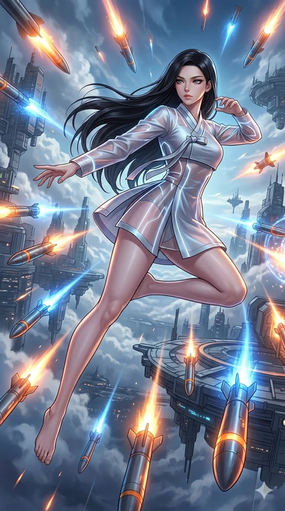 score_9, masterpiece, best quality, ultra-detailed, high-budget anime movie keyframe, cinematic anime lighting, intricate line art, Japanese woman. Low angle cowboy shot capturing a powerful motion and statuesque presence. dodging a barrage of glowin