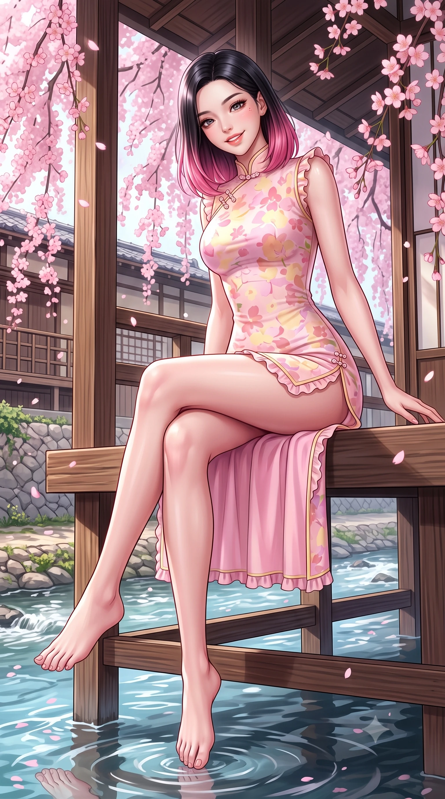 score_9, masterpiece, best quality, ultra-detailed, high-budget anime keyframe, semi-realistic 3D game render, editorial fashion photography, tasteful artistic composition, Korean woman. low angle full-body shot from head to toe showing her feet, filling the entire 9:16 vertical frame with her statuesque presence, stretching her vertical silhouette. sitting perched on the elevated edge with legs crossed and hips angled toward the camera, displaying her toned midriff and long slender limbs with a joyful, coquettish smile while sitting on the edge of the elevated wooden kawayuka terrace over the river, arching her back as pink weeping sakura blossoms flutter around her. The surrounding environment is rendered in vivid detail and crisp panoramic clarity. detailed silk dress drape, soft sun glints on skin, and Kyoto riverbank architecture in high resolution. She has an exceptionally tall and slender model-like 8.5-heads proportion, an ultra-slim waist, a flat toned midriff, narrow delicate ribcage, and beautifully sculpted feminine hips creating a graceful, slim hourglass silhouette without any bulky heaviness, with impossibly long slender legs. sharp v-shaped jawline, high-bridge nose, intricate jewel-like sparkling eyes with depth, thick eyelashes, glossy parted lips with a natural peach sheen, bright cheerful beaming smile with an enchanting and coquettish sensual glint, exuding both youthful cute charm and seductive allure, flawlessly proportioned anatomical accuracy, strict slender model proportions, natural body alignment, perfectly sculpted long slender limbs, ultra-slim waistline, clean dynamic posture without body distortion. wearing a modern cute qipao mini dress with double side slits ascending to the hip in pastel floral silk in sweet strawberry milk pink and butter yellow, formed from supple second-skin stretch ribbed knit clinging to her form, finished with subtle ruffle trims and delicate pearl buttons, the high-waisted tailoring accentuating her ultra-slim waistline and the enchanting curve of her feminine hips with alluring charm. illuminated by gentle water surface reflections sharply defining her razor-sharp jawline, narrow waist, and curvy hips. highly saturated vibrant anime colors, detailed shading with soft gradients, rich glossy textures, high-contrast stereoscopic depth, volumetric dynamic lighting, master piece, 9:16 ratio