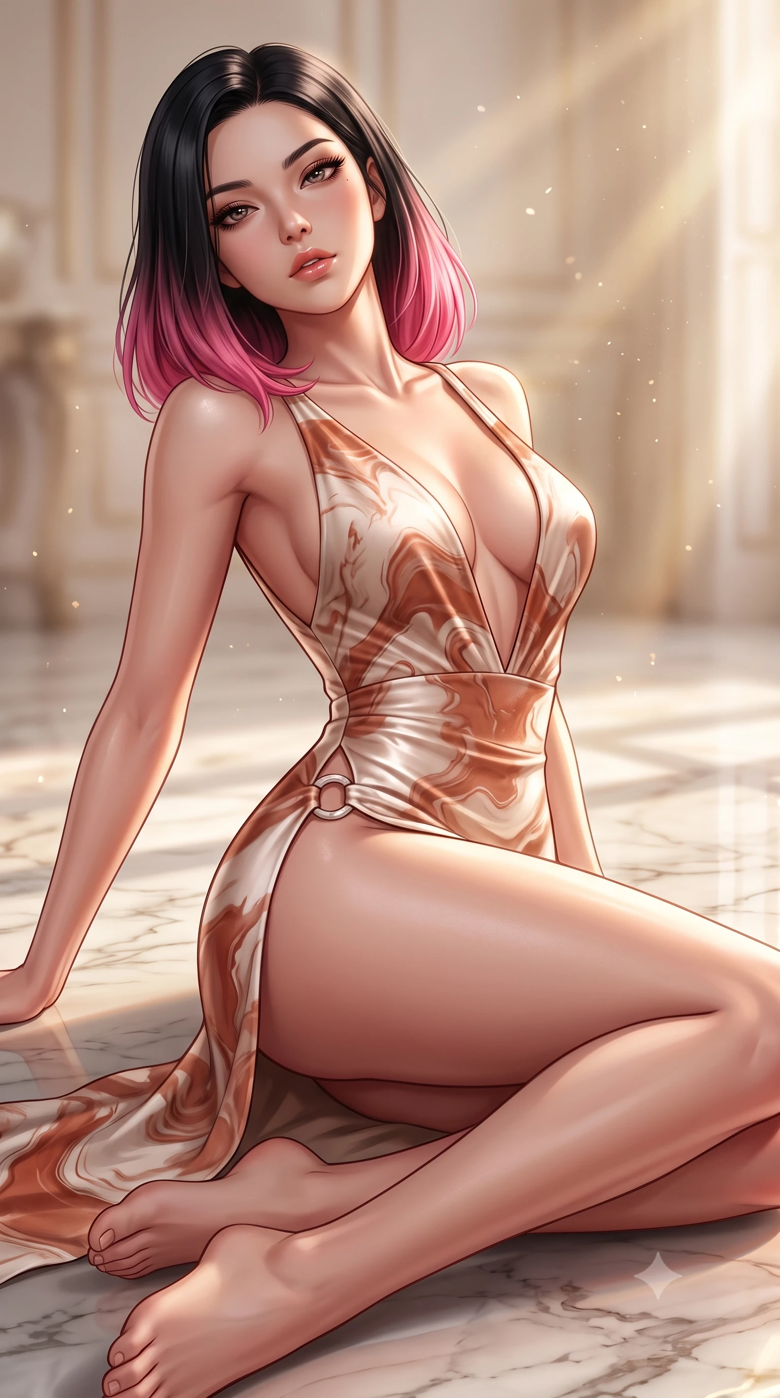 score_9, masterpiece, best quality, ultra-detailed, high-budget anime keyframe, semi-realistic 3D game render, editorial fashion photography, tasteful artistic composition, Korean woman. close-up cowboy shot from the waist and thighs up, the character dominates the composition, filling the frame with her large presence. leaning back with relaxed seductive grace, her sculpted collarbones and narrow waist highlighted as she casts smoldering bedroom-eyes directly into the camera while lying languidly on the polished marble studio floor, legs extended in an alluring dancer line as north light pours over her form. The composition keeps background elements in soft focus with creamy bokeh. refracted afternoon sunbeams and floating dust motes scattering timeless radiant light across the salon. She has an exceptionally elegant, slender, and willowy female figure with an ultra-slim waist, a gracefully sculpted slender torso, toned flat midriff, and rounded feminine hips creating an alluring hourglass silhouette. sharp v-shaped jawline, high-bridge nose, intricate jewel-like eyes with depth, thick eyelashes, glossy parted lips with a natural sheen, intensely captivating and seductive bedroom-eyes expression, flawlessly proportioned anatomical accuracy, strict slender model proportions, natural body alignment, perfectly sculpted long slender limbs, ultra-slim waistline, clean dynamic posture without body distortion. wearing a plunging-V neckline marble-print silk gown with open side slits ascending to the high hip in terracotta clay and natural linen ivory, tailored from ultra-smooth duchess satin with a pearlescent sheen, finished with an ultra-high side slit secured by miniature marble ring clasps, the liquid-tight tailored fabric clinging flawlessly to her narrow waist and rounded feminine hips, emphasizing every millimeter of her sculpted hourglass curves during movement. surrounded by a divine, timeless, and breathtakingly majestic living sculpture goddess aura. highly saturated vibrant anime colors, detailed shading with soft gradients, rich glossy textures, high-contrast stereoscopic depth, volumetric dynamic lighting, master piece, 9:16 ratio