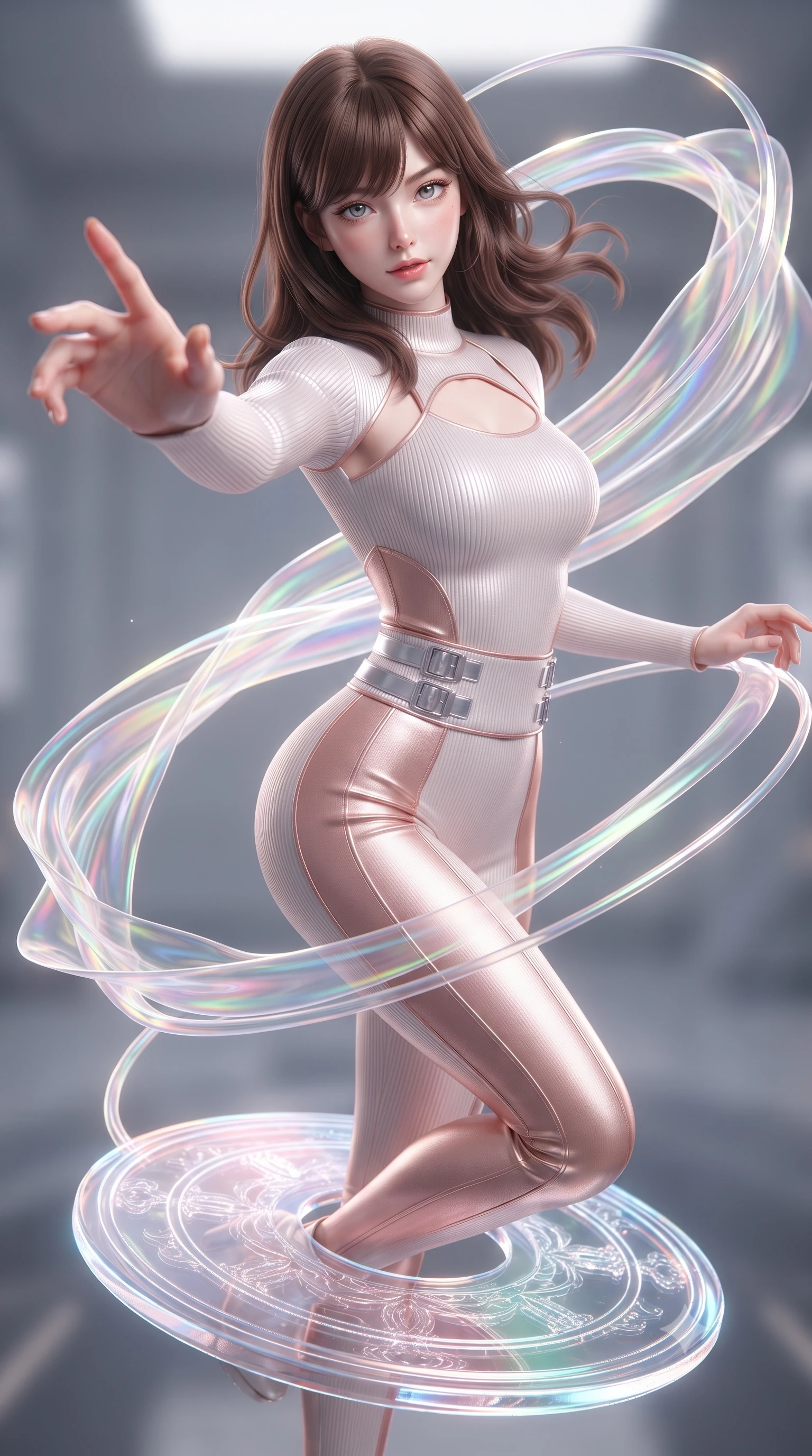 score_9, masterpiece, best quality, ultra-detailed, high-budget anime keyframe, editorial fashion photography, tasteful artistic composition, Korean woman. close-up cowboy shot from the waist and thighs up, the character dominates the composition, filling the frame with her large presence, background elements kept in soft focus. Reaching her hand gracefully toward the camera with magnetic allure, her torso turning in a dynamic S-curve alignment while balancing on a glowing glass disk while luminescent ribbons swirl in zero-gravity, translucent silk-like plasma streams swirling around her silhouette. She has an exceptionally elegant, slender, and willowy female figure with an ultra-slim waist, a gracefully sculpted slender torso, and a refined silhouette. sharp v-shaped jawline, high-bridge nose, intricate jewel-like eyes with depth, thick eyelashes, glossy lips with a natural sheen, flawlessly proportioned anatomical accuracy, natural body alignment, perfectly sculpted elegant limbs, clean dynamic posture without body distortion. wearing a form-fitting ribbed activewear set with elegant collar cutouts in pearl white and rose gold, formed from sleek second-skin neoprene, detailed with polished silver buckles along the waistline, the form-contouring material highlighting her ultra-slim waist and long lines. surrounded by a vibrant fluorescent aura with bright specular rim lights. ultra-reflective glossy finish, specular highlights, metallic sheen, high-contrast stereoscopic depth, volumetric dynamic lighting, 2k, ultra detail, master piece, 9:16 ratio