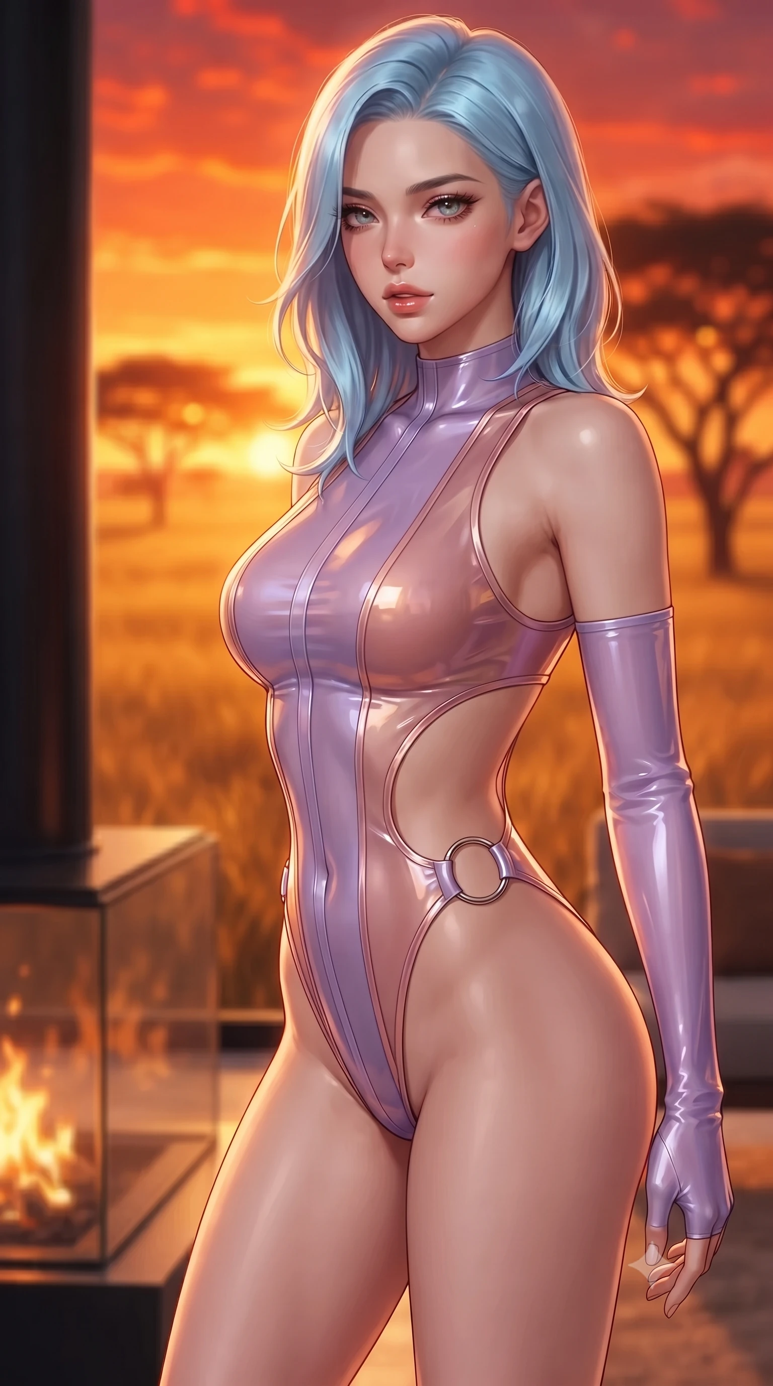 score_9, masterpiece, best quality, ultra-detailed, high-budget anime keyframe, editorial fashion photography, tasteful artistic composition, Korean woman. close-up cowboy shot from the waist and thighs up, the character dominates the composition, filling the frame with her large presence. casting a slow, smoldering gaze beneath heavy lashes with parted glossy lips, her head slightly tilted in captivating self-assurance while pivoting dynamically near a modern glass fireplace overlooking the vast golden plains under a fiery crimson sky. The composition keeps background elements in soft focus with creamy bokeh. golden savannah grasslands and silhouetted acacia trees blurred into rich amber and fiery orange bokeh. She has an exceptionally elegant, slender, and willowy female figure with an ultra-slim waist, a gracefully sculpted slender torso, toned flat midriff, and a refined slim silhouette. sharp v-shaped jawline, high-bridge nose, intricate jewel-like eyes with depth, thick eyelashes, glossy lips with a natural sheen, flawlessly proportioned anatomical accuracy, strict slender model proportions, natural body alignment, perfectly sculpted long slender limbs, ultra-slim waistline, clean dynamic posture without body distortion. wearing a high-cut translucent vinyl leotard with front paneling, exposed side-rib cutouts, and an open back in luminous lavender violet and rose gold, formed from high-gloss patent material with specular light reflections, detailed with polished silver rings connecting the daring side-waist cutouts, the glove-like aerodynamic second-skin fit tightly clinging to her ultra-slender waist and athletic curves without adding bulk, accentuating her razor-sharp statuesque lines and slim hourglass silhouette. bathed in blazing golden hour sunset radiance and warm amber horizon fill light. ultra-reflective glossy finish, specular highlights, metallic sheen, high-contrast stereoscopic depth, volumetric dynamic lighting, 2k, ultra detail, master piece, 9:16 ratio