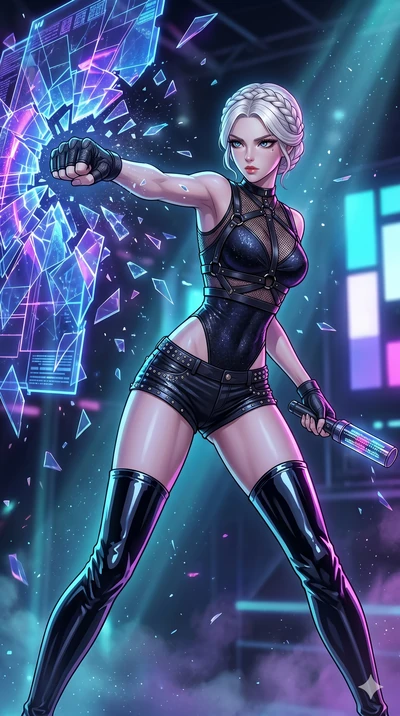 score_9, masterpiece, best quality, ultra-detailed, high-budget anime movie keyframe, cinematic anime lighting, intricate line art, Korean woman. Low angle cowboy shot capturing a powerful motion and statuesque presence. punching through a holographi