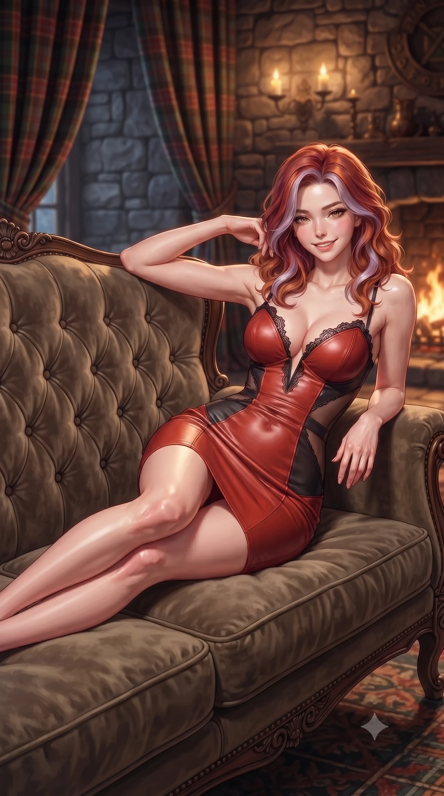 score_9, masterpiece, best quality, ultra-detailed, high-budget anime keyframe, editorial fashion photography, tasteful artistic composition, Caucasian woman. close-up cowboy shot from the waist and thighs up, the character dominates the composition, filling the frame with her large presence. leaning back against the balustrade with relaxed seductive grace, head tilted back slightly while casting a hypnotic, heavy-lidded gaze while lounging gracefully across the high-backed tufted velvet settee propped on one elbow with legs extended, displaying her long slender limbs and statuesque hourglass silhouette with regal poise. The background shows a soft-focus billowing wool tartan draperies softened in medieval Highland stronghold shallow focus. She has an exceptionally elegant, slender, and willowy female figure with an ultra-slim waist, flat toned midriff, narrow ribcage, and sculpted feminine hips creating an alluring, slim hourglass silhouette without bulk. sharp v-shaped jawline, high-bridge nose, intricate jewel-like sparkling eyes with depth, thick eyelashes, glossy parted lips with a natural peach sheen, bright cheerful beaming smile with an enchanting and coquettish sensual glint, exuding both youthful cute charm and seductive allure, flawlessly proportioned anatomical accuracy, strict slender model proportions, natural body alignment, perfectly sculpted long slender limbs, ultra-slim waistline, clean dynamic posture without body distortion. wearing an alluring plunging sweetheart bustier dress with sheer mesh side-waist cutouts contouring her ribs in Reinefjorden rorbu vermilion red and obsidian granite, woven from buttery-soft stretch lambskin leather adhering to her body like a second skin, finished with scalloped eyelash lace trim framing her sweetheart neckline with intimate elegance, the form-contouring silhouette accentuating her sculpted flat midriff, narrow delicate ribcage, and gracefully curvy hips with intoxicating allure. bathed in the warm radiant 2200K glow of the roaring stone fireplace mixed with soft tallow candle flame sconces. ultra-reflective glossy finish, specular highlights, rich textural contrasts, high-contrast stereoscopic depth, volumetric dynamic lighting, 2k, ultra detail, master piece, 9:16 ratio